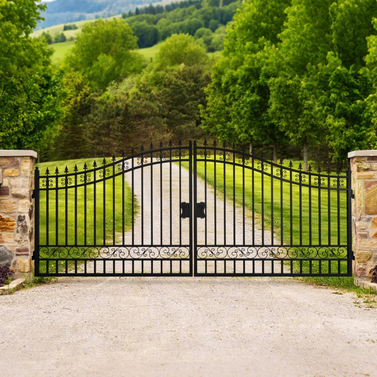 Chery Industrial 18x8 ft Steel Dual Swing Driveway Gate, European Style,Secure Outdoor Patio Door with Welded Galvanized Steel Frame, Robust and Long-Lasting (18×8 ft)