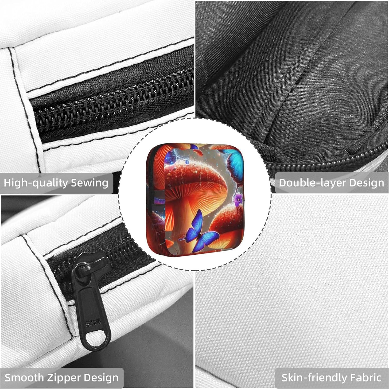 Glowing-Mushrooms-Colorful-Butterflies Portable Period Pad Pouch for Women, Sanitary Napkin Storage Bag with Zipper for Outdoor Use image 5