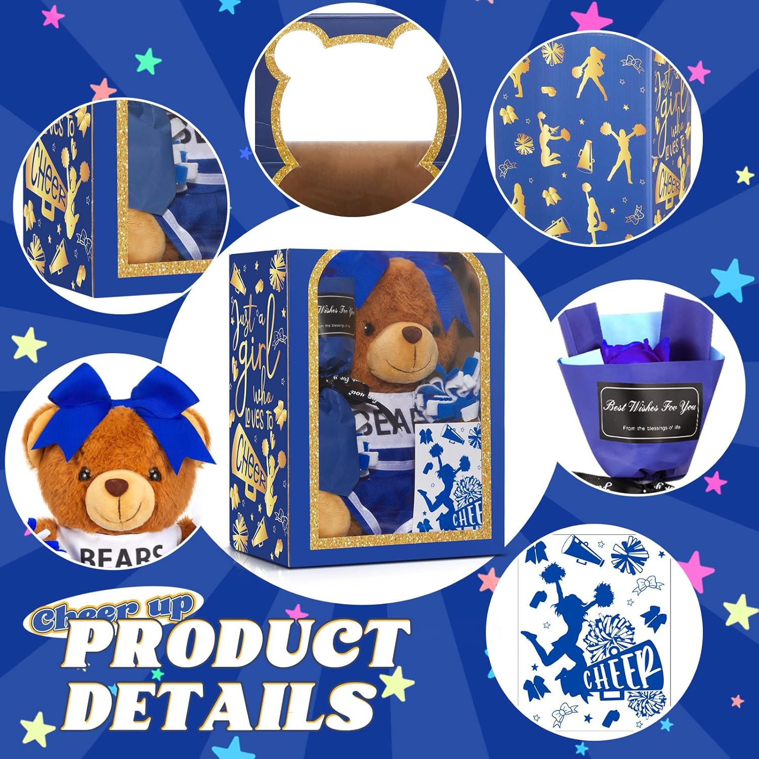 Arrowbash Cheerleading Gift Set Including Cute Cheerleader Bear, Artificial Flower, Card and Box for Cheerleading Lovers Cheer Team Christmas Party Favors Gifts(Blue)