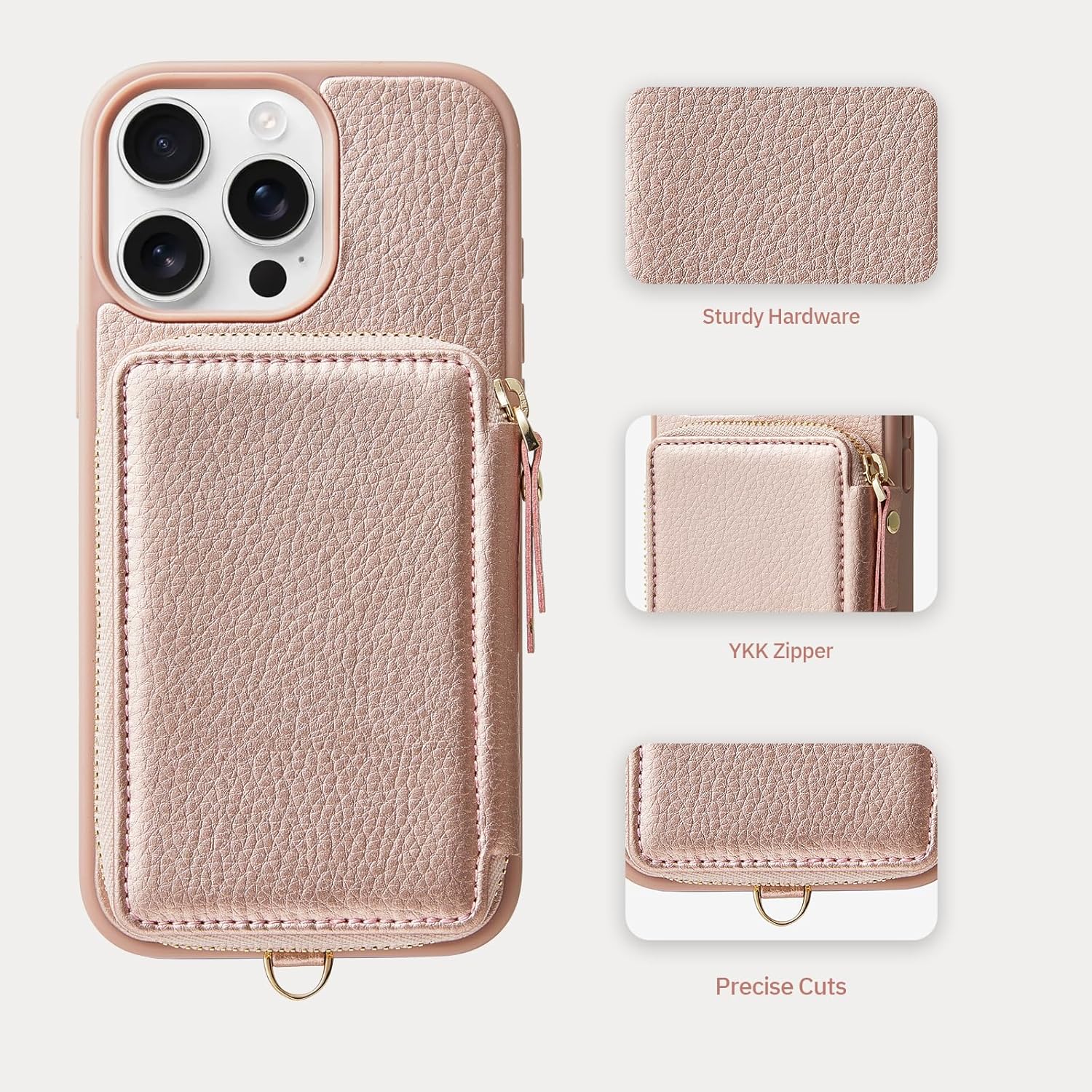 ZVE Compatible with iPhone 16 Pro Wallet Case with Card Holder Wrist Strap, RFID Blocking Zipper Leather Cover for Women for iPhone 16 Pro, 6.3" -Rose Gold