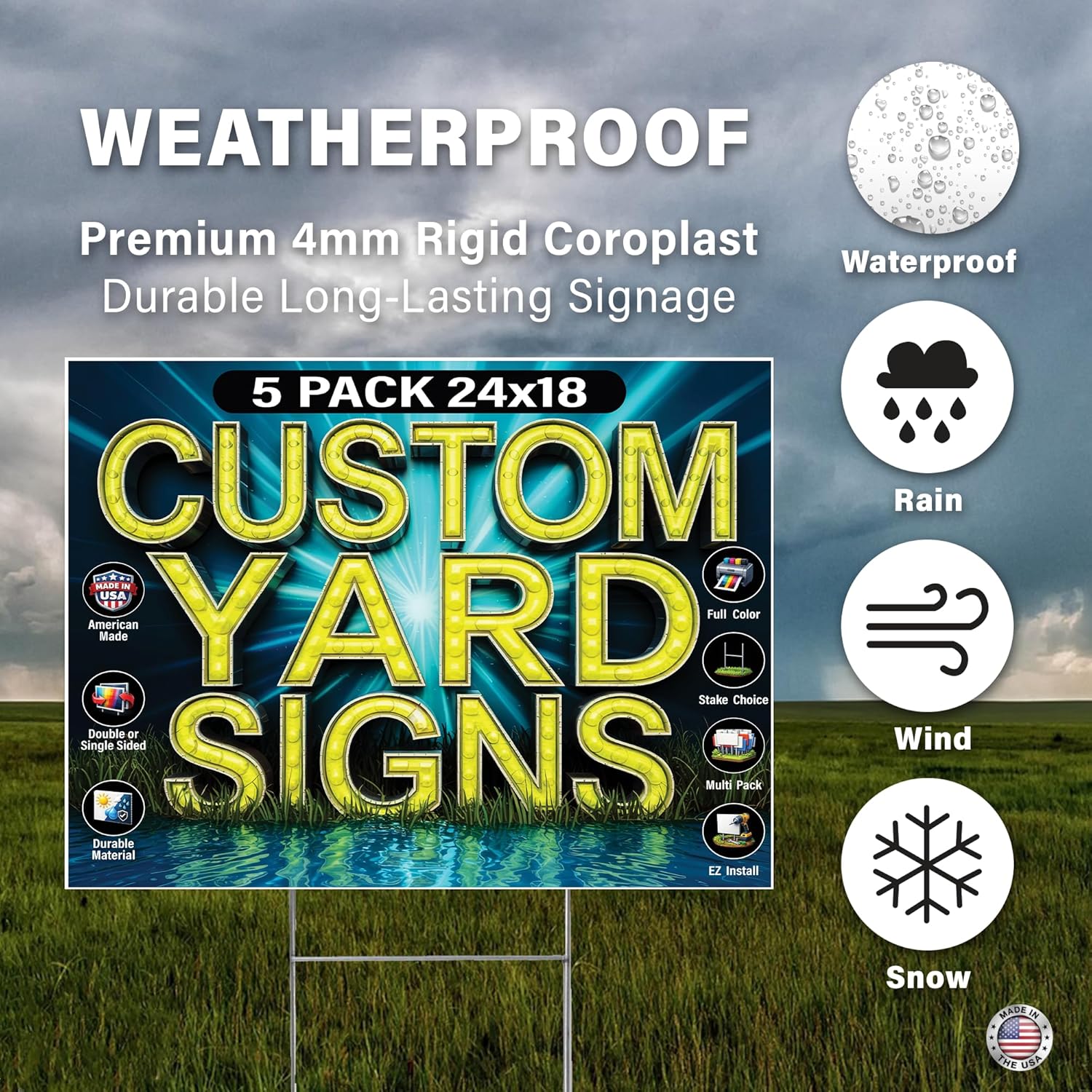 5 Pack of 24x18 inch Custom Yard Signs, Double and Single Sided Print, Metal H-Stakes, Durable 4mm Coroplast, Personalized Full Color Printing