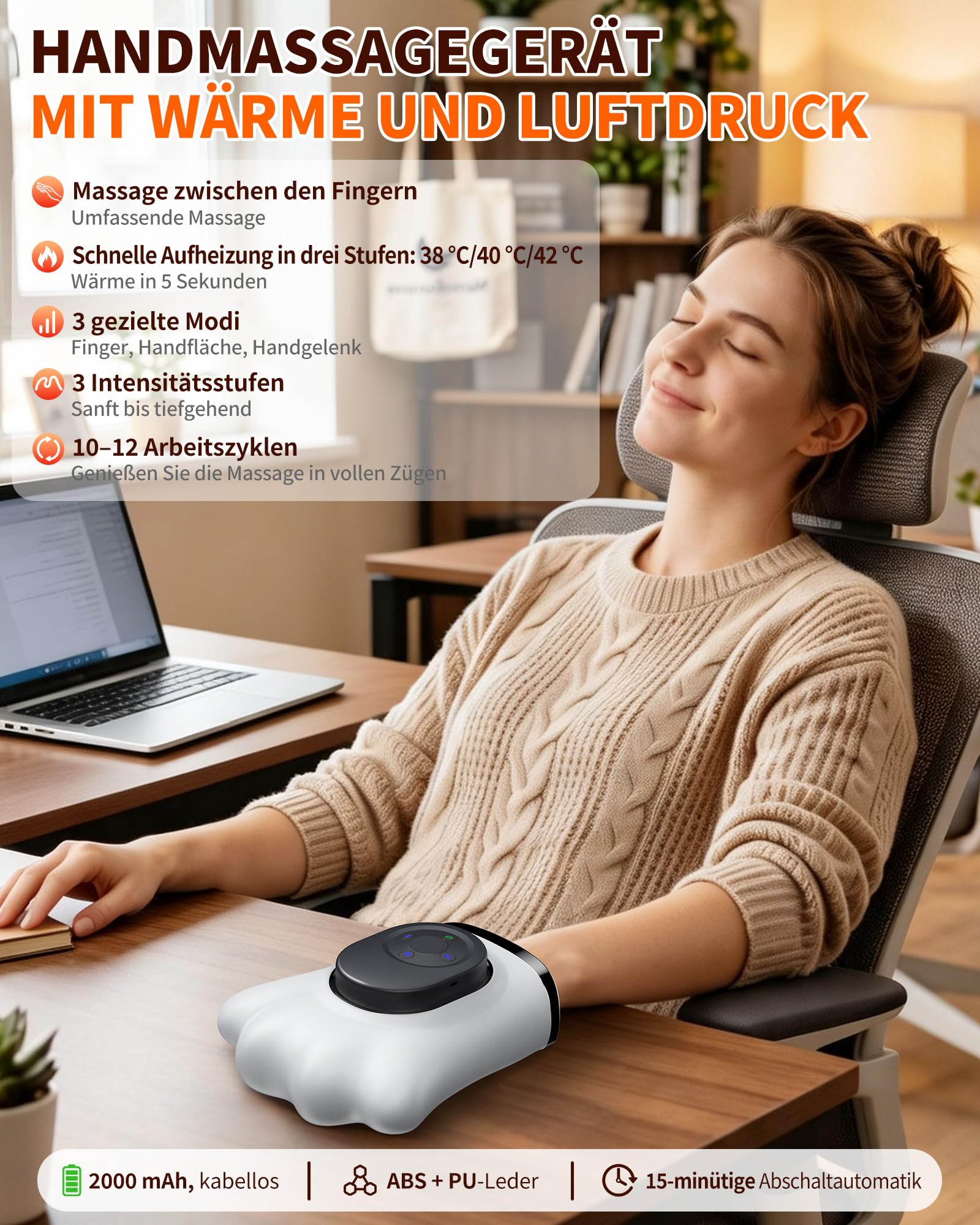 DECOHOME Handmassagegerät mit Wärme und Luftkompression, kabellos | 8 Luftkammern für Finger, Handfläche und Handgelenk, 3 Wärmestufen, 6 Programme, 3 Intensitäten und 15-Minuten-Timer