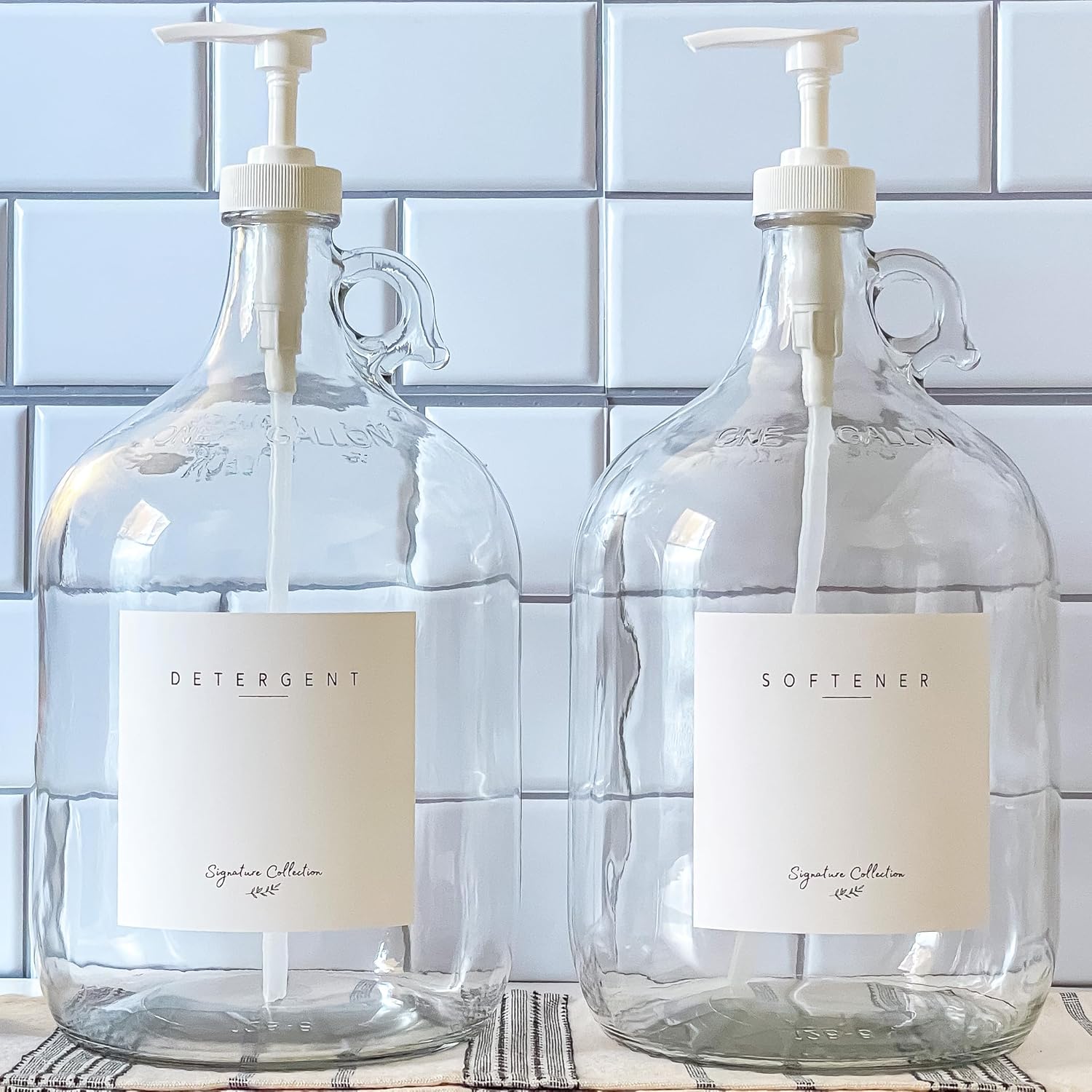 Laundry Detergent Dispenser for Laundry Room - Two One Gallon Glass Jugs with White Liquid Pumps, Fabric Softener, Liquid Soap Dispenser or Bleach, 128 oz - Includes 4 Labels