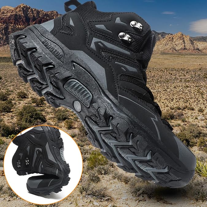 Men's Waterproof Hiking Boots High-Top Leather Non-Slip Outdoor Shoes for Mountain Trekking, Trail & Camping