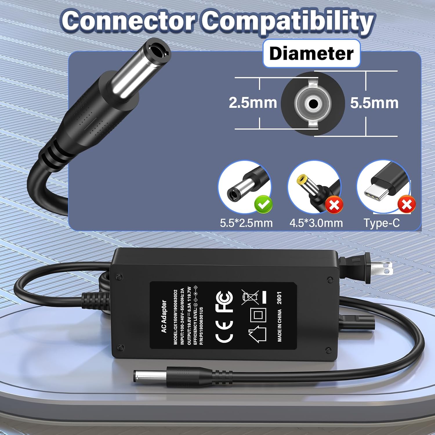 19V 6.3A 120W Mini PC Charger Replacement Fit for Intel NUC Mini Desktop Computer, Power Cord AC Adapter Compatible with Intel NUC 10 11 12 13 14 Pro Performance Kit NUC10i7FNH Processor