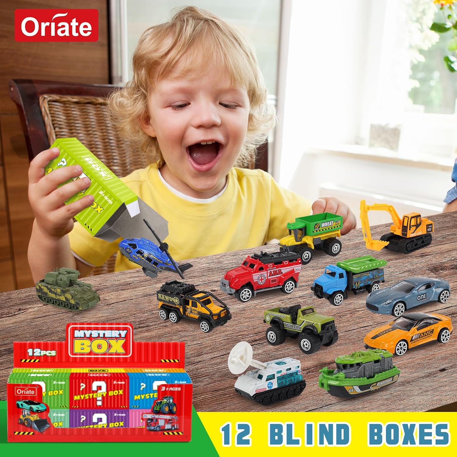 Oriate Diecast Toy Cars Advent Calendar, 12 Pack Mini Metal Cars 1/64, 12 Theme in one Set Blind Box Edition- Include Farm, Space Ship, Truck for Children Birthday Party Decor Easter