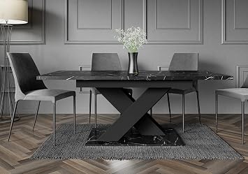 Extendable Dining Table, Black Royal Marble Effect, 140-180x80x75 cm
