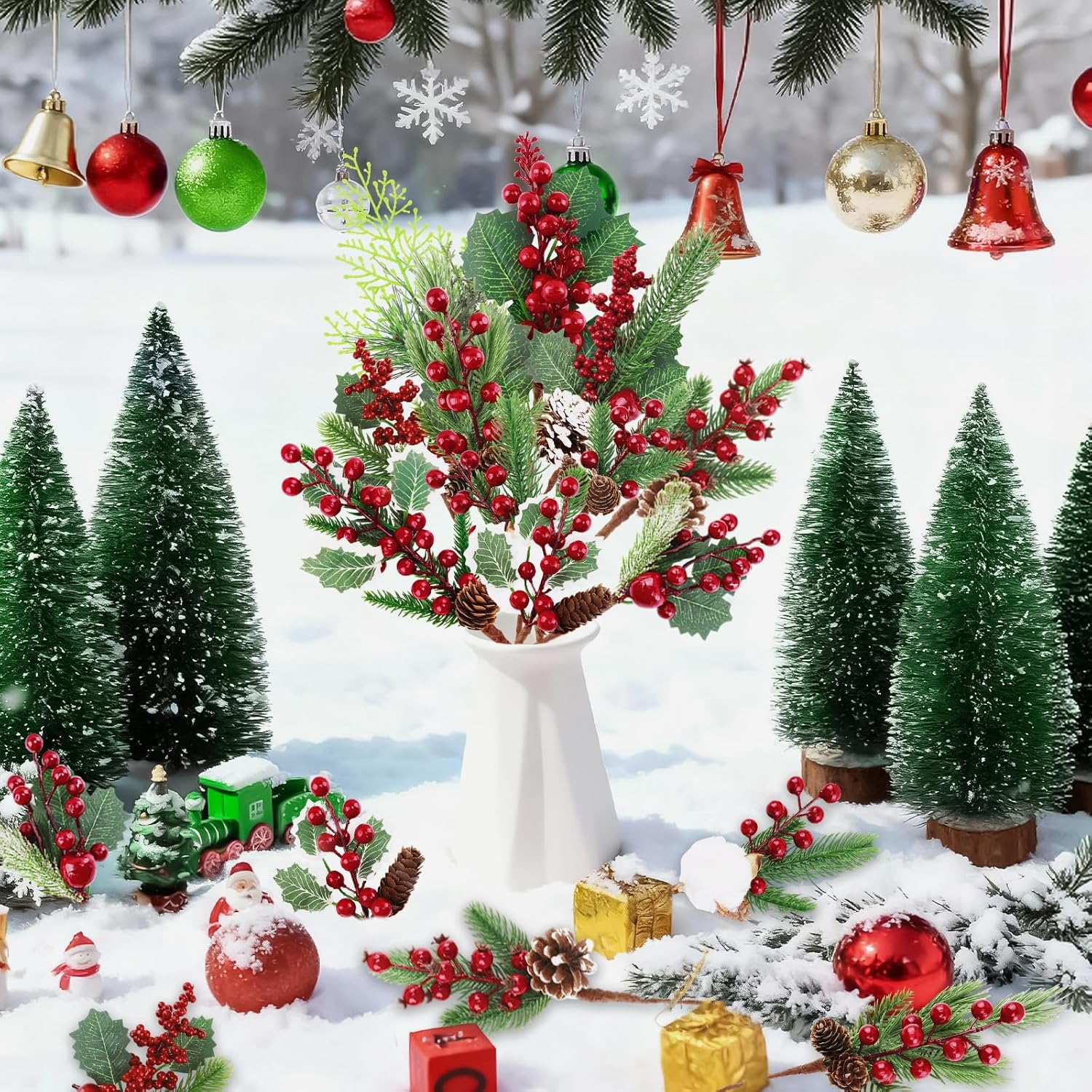 クリスマスフローラルピックとスプレー 松ぼっくり レッドベリーピック 茎 12個 クリスマス ヒイラギ 人工松ピック 人工松 ベリー