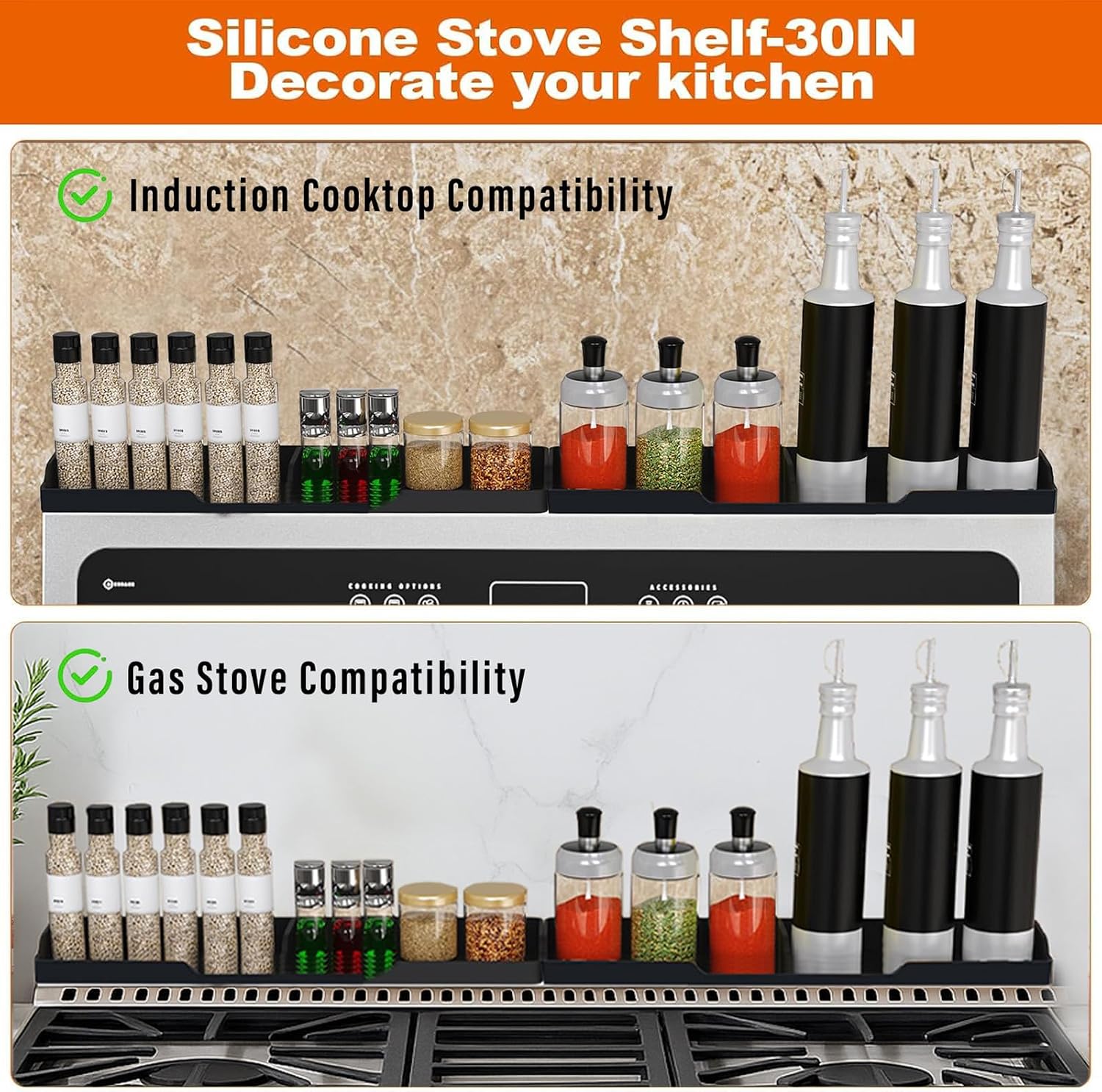 30" Silicone Magnetic Stove Top Shelf (2x15") with Bonus Adhesive Metallic Pads|Heat Resistant Range Accessories Organizer for Spices,Oil,Condiments|Fits Metal& Non-Metal Stove Tops,Easy Install
