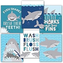 6 Reversible Shark Bathroom Decor Wall Art 8x10 - Kids Bathroom Decor for Bathroom Pictures Wall Decor, Wall Decorations for Bathroom Artwork for Wall, Bathroom Rules, Boys Bathroom Wall Art