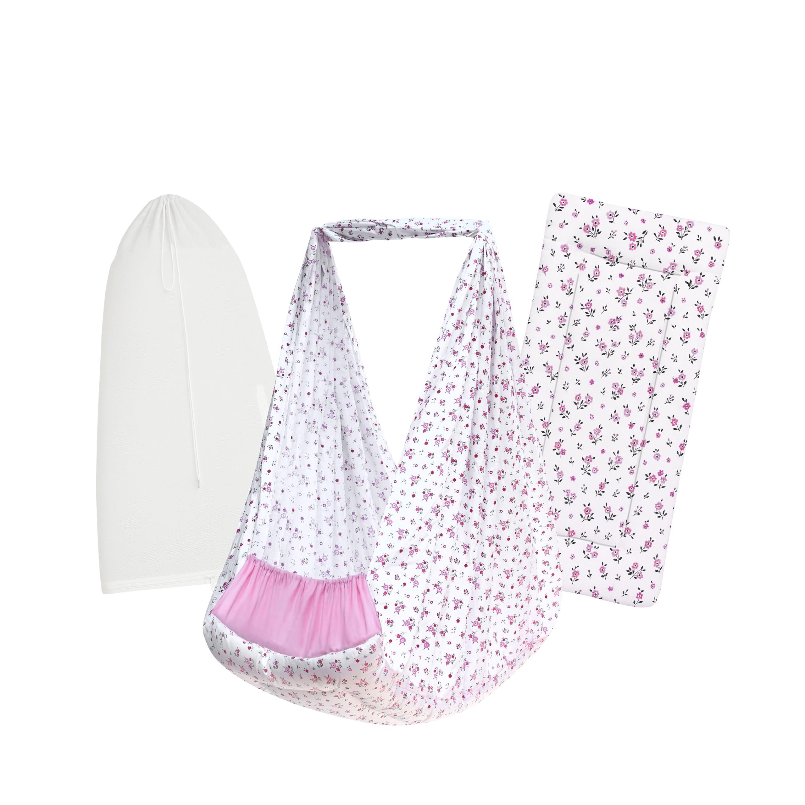 Baby Swing Cradle Set | (3 in 1) Hanging Cradle Cotton Cloth, Removable Bed, and Mosquito Net | CRA-Floral Pink
