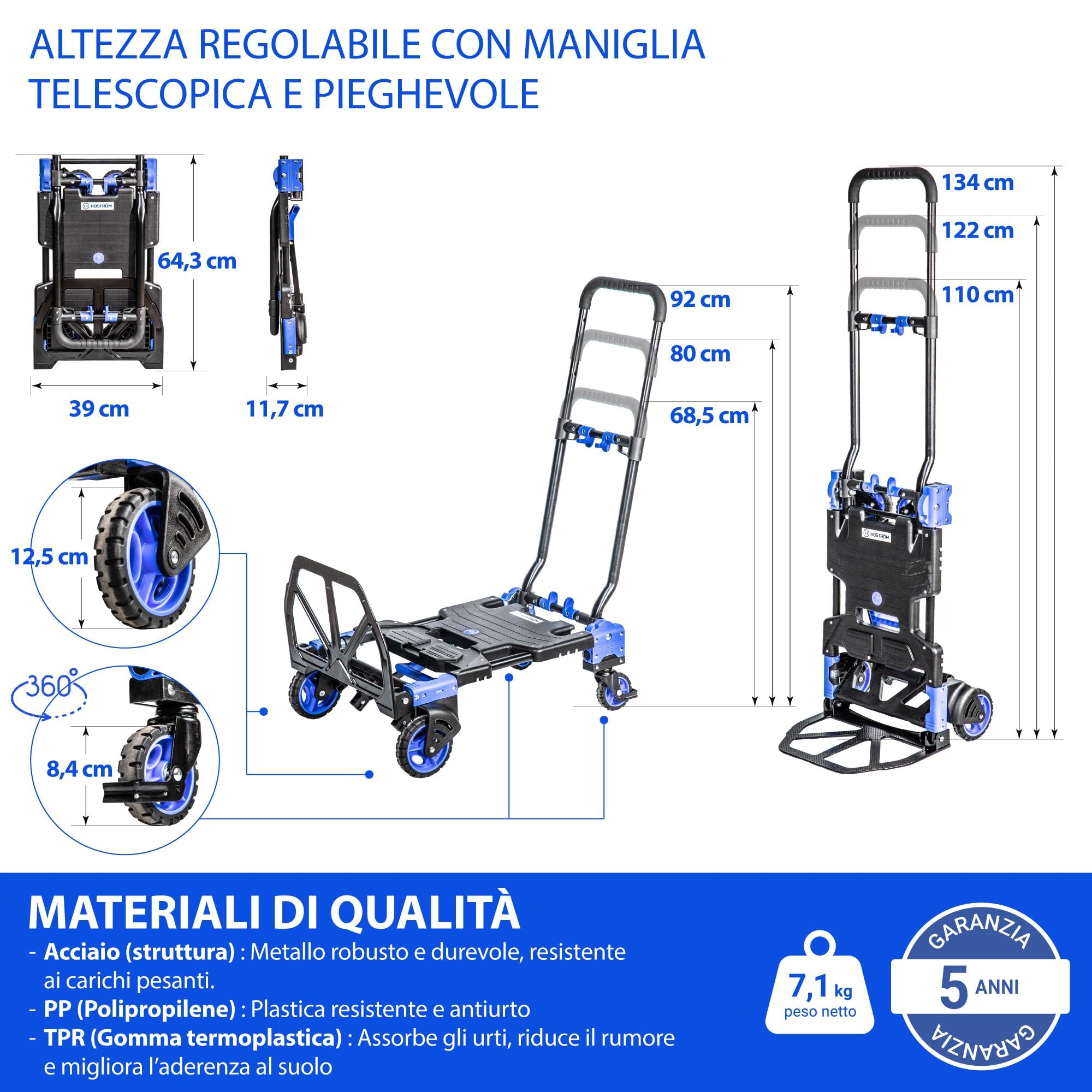 HOSTRÖM Carrello 2 in 1, carrello mobile e carrello pieghevole max 136 kg, ideale per spostare max 68 kg, ruote girevoli a 360°, garanzia di 5 anni.