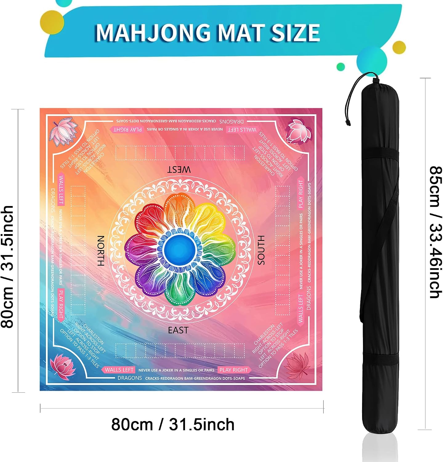 Mahjong Mat for Table with Flower Pattern, 31.5x31.5 Inch Mahjong Mats with Printed Rules and Storage Bag, Suitable for Family Gaming Activities (Colorful)