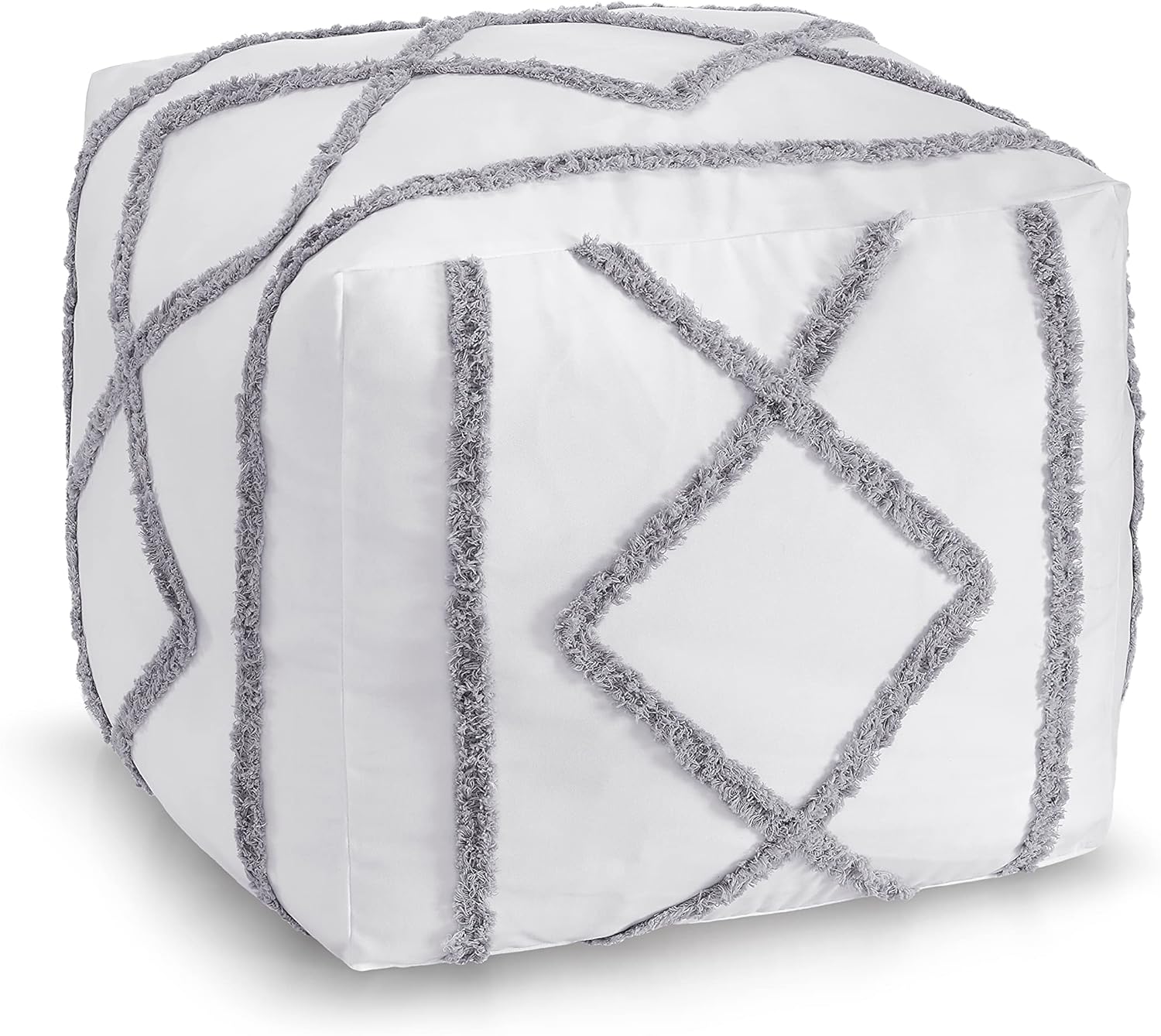 KB & Me Bright White and Grey Canvas Boho Chic Tufted Pouf Cover Square Bohemian Fringe Minimalist Geometric Ottoman Storage Case Modern Foot Rest Floor Pillow Decorative Unstuffed Pouffe