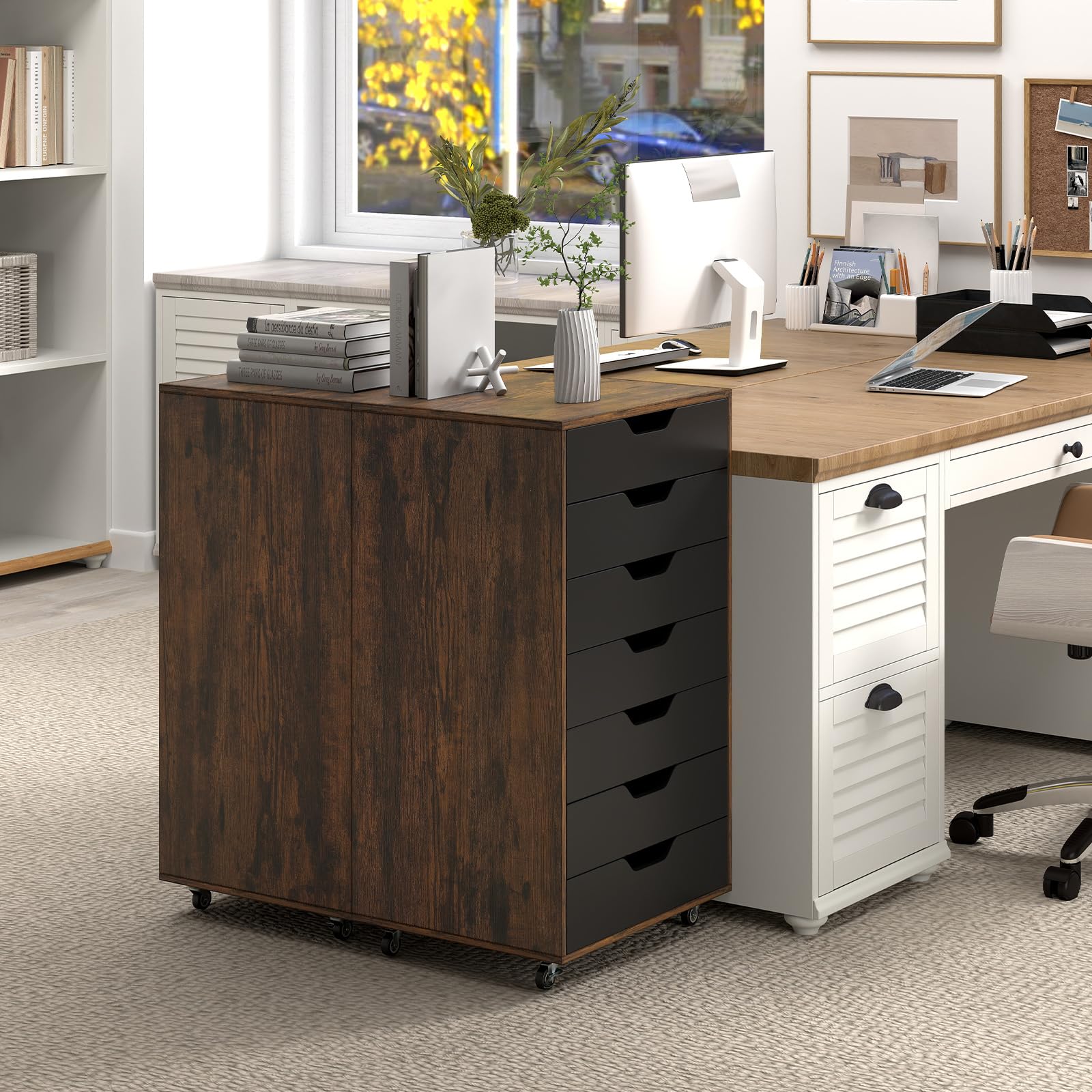 GIANTEX Archivador Móvil con 7 Cajones, Cajonera de Madera con 4 Ruedas Bajo Escritorio, Soporte para Impresora, 49 x 40 x 87 cm, para Oficina, Salón, Dormitorio (Negro+Marrón)