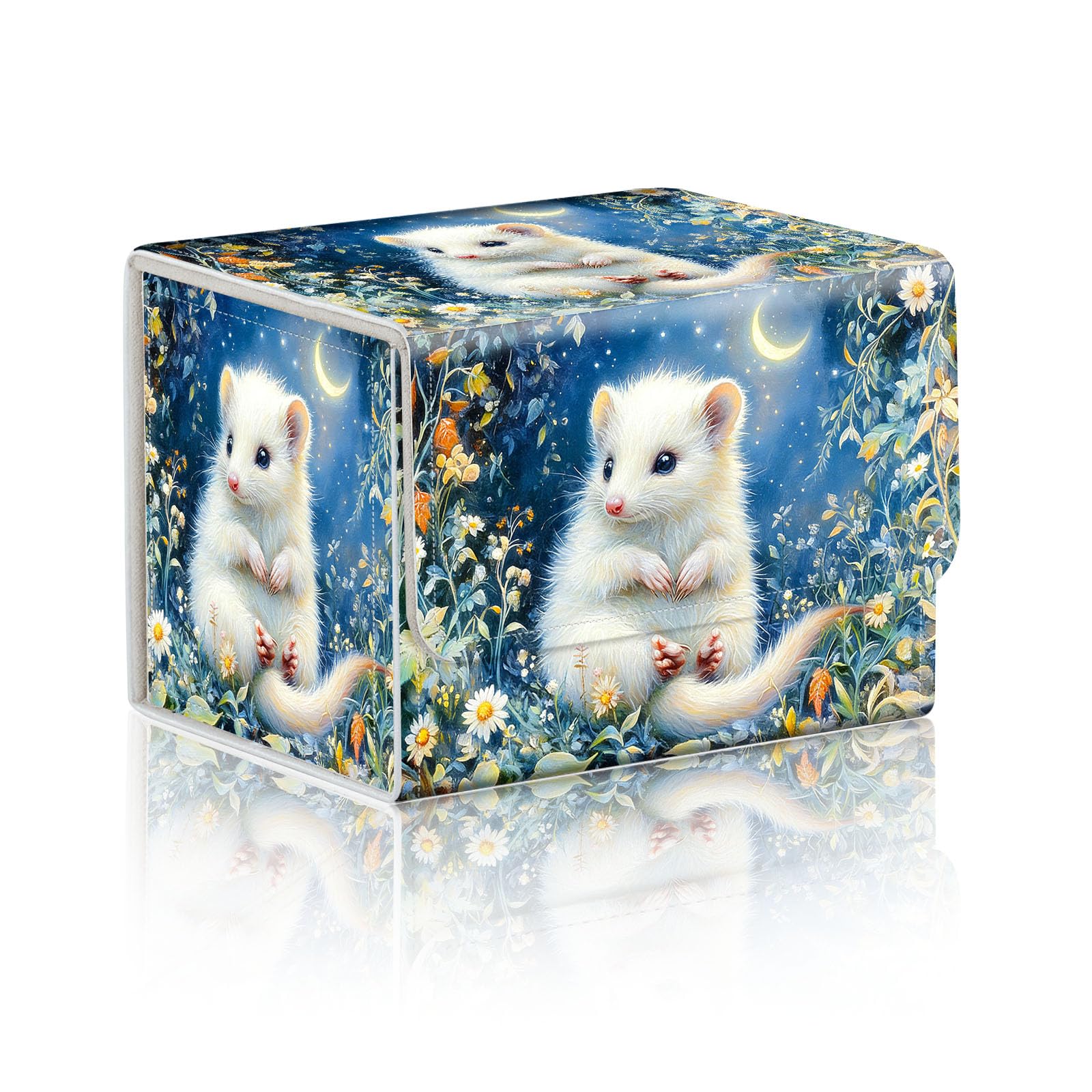 DISUOFEART Trading Card Storage Box, Holds 100+ for MTG Cards, PU Leather with Magnetic Closure, White Rodent in Starry Floral Night Durable Deck Box for Magic the Gathering, Trading Card Games