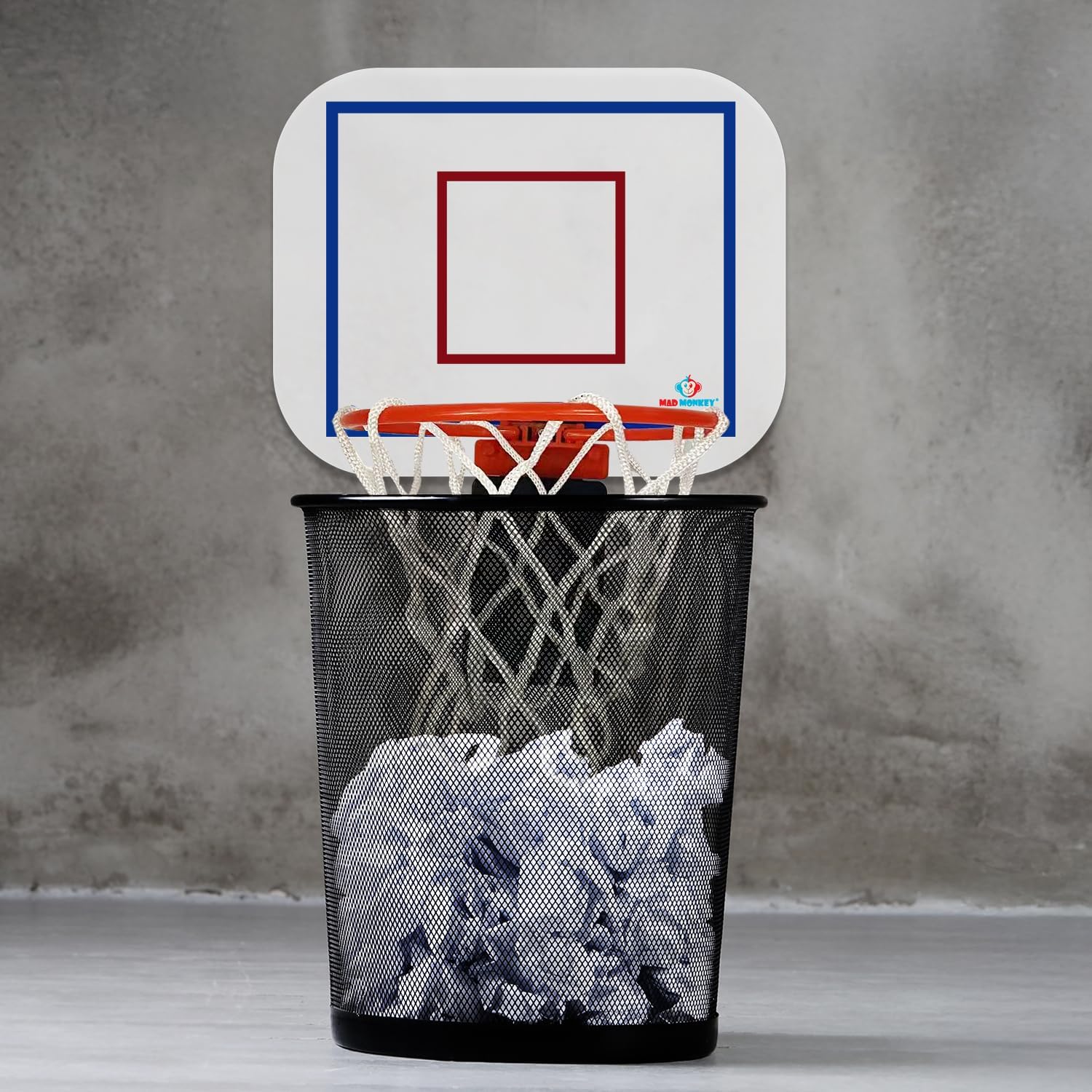 Mad Monkey Basketball Hoop Bin - Funny Waste Paper Basket for Teenager's Room or Office - Basketball Bin with Sound - Perfect Gadget for Basketball Fans