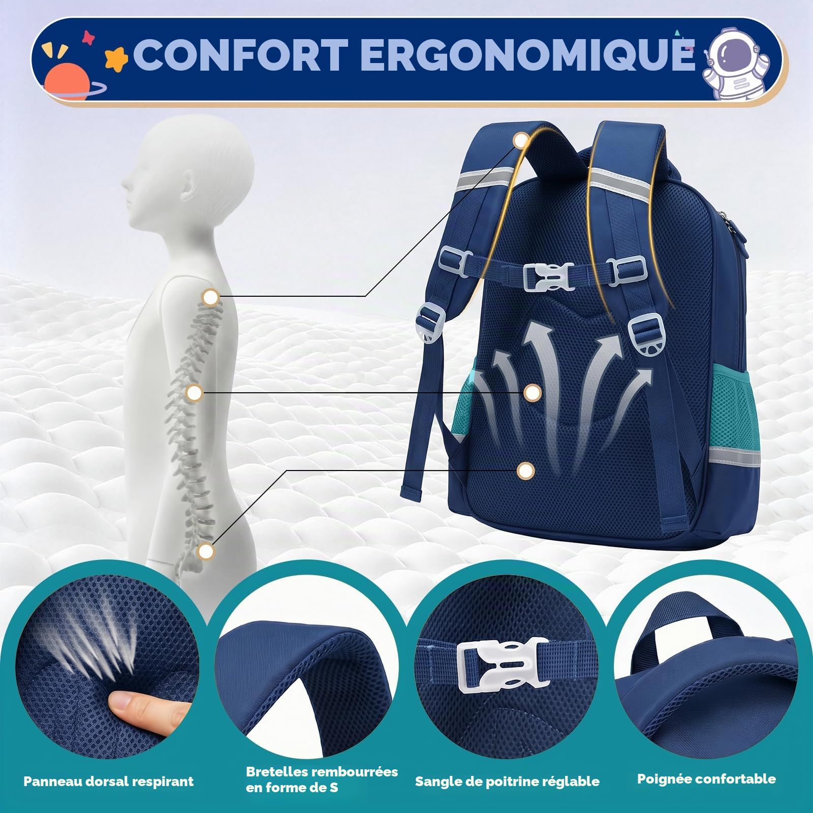 Amythe Sac à Dos Enfant Garçon 8-12 Ans – Cartable École Primaire CE1-CM2, Ergonomique Léger avec Bandes Réfléchissantes, Compartiment A4, Oxford Imperméable pour la Rentrée, Vert
