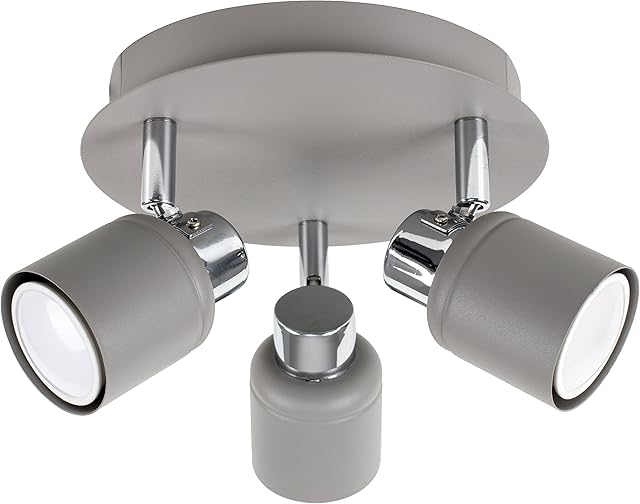 MiniSun Modern Cement / Stone Effect and Polished Chrome 3 Way Round Plate Ceiling Spotlight