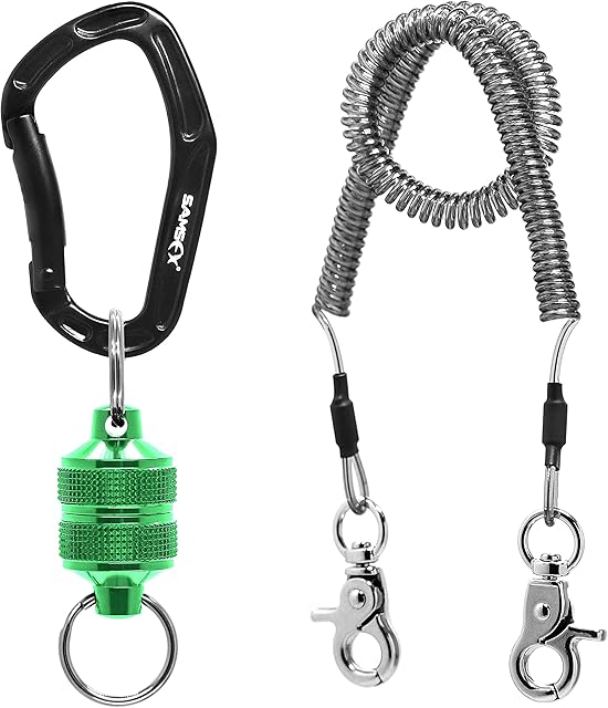 SAMSFX Fly Fishing Magnetic Net Release Holder Keeper Magnet Clip Landing Net Connector with Coiled Lanyard for Cord Free Heavy Gear