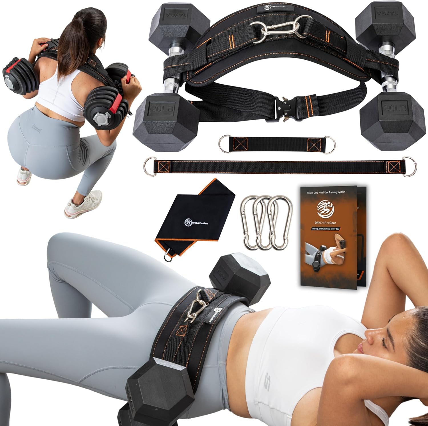 Hip Thrust Belt for Weights, Dumbbells & Kettlebells – Heavy Duty Glute Workout Equipment for Plates up to 300 lbs, with bonus straps for Dips & Squat Belt for Home & Gym