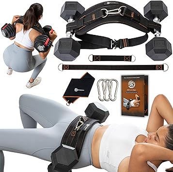 Hip Thrust Belt for Weights, Dumbbells & Kettlebells Heavy Duty Glute Workout Equipment for Plates up to 300 lbs, with bonus straps for Dips & Squat Belt for Home & Gym