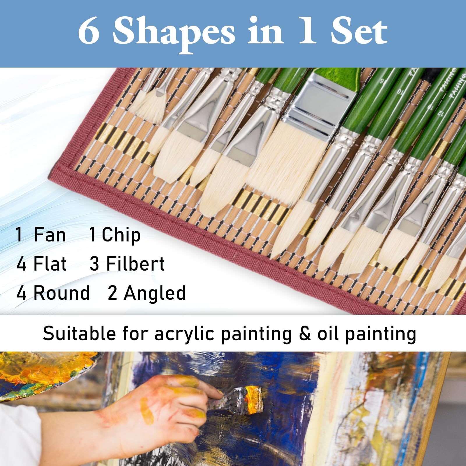 Falling in Art Set di pennelli professionali con setole naturali, 15 pennelli con manico lungo per pittura acrilica, pennelli a ventaglio, rotondi, piatti, angolati e filbert, con custodia, verde
