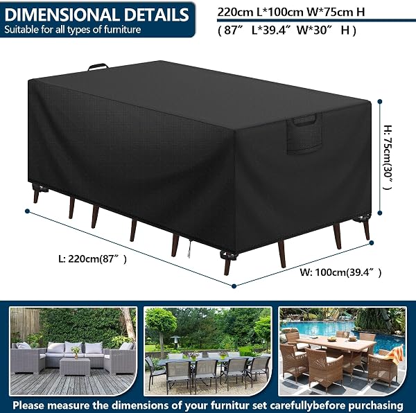 Aujink Housse Salon de Jardin Bâche Table de Jardin Tissu Oxford 420D Couverture de Protection Meubles Exterieur Imperméable, Coupe-Vent, Anti-UV Housse de Meubles en rotin, Noir, 220x100x75 cm - 2