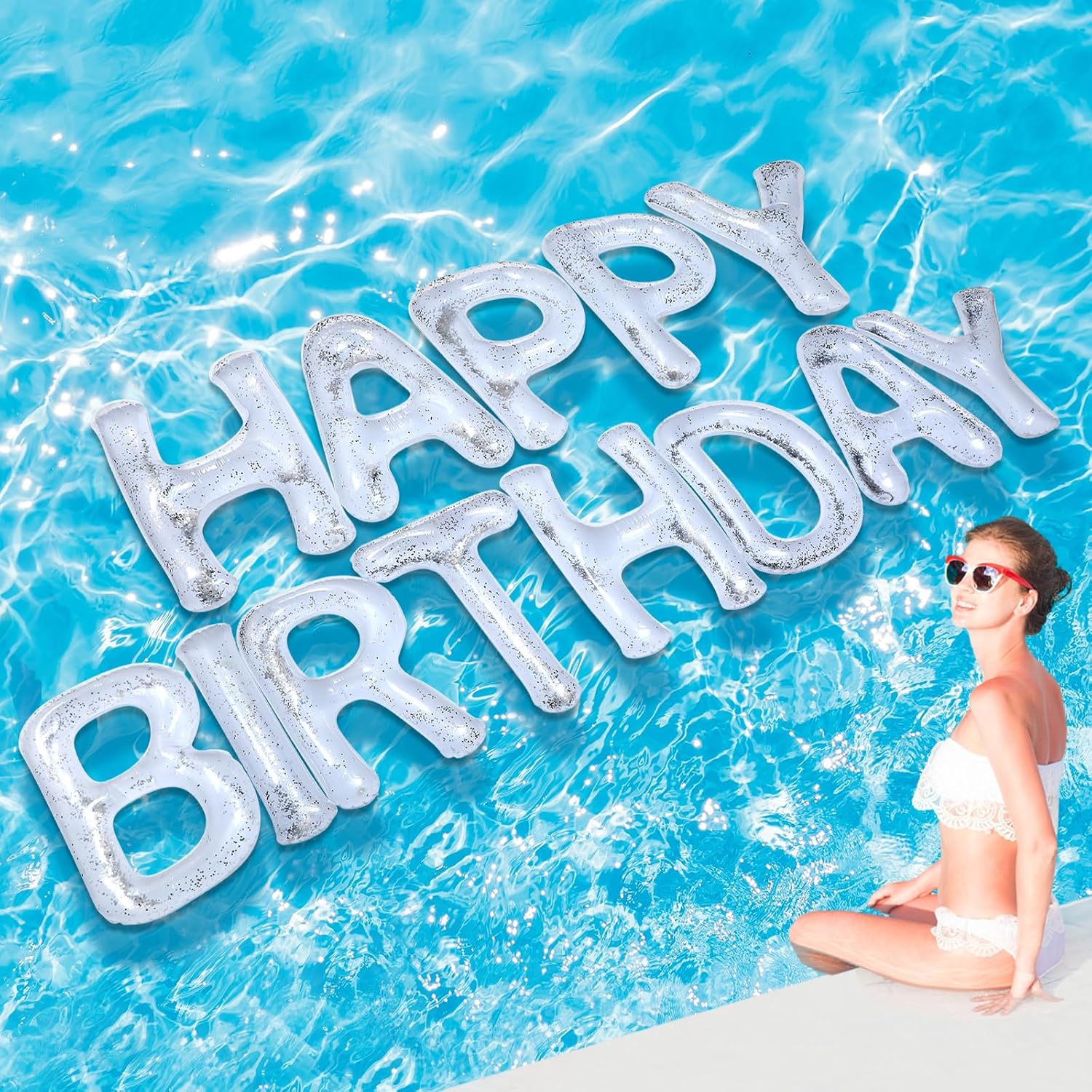 Shappy 20'' Happy Birthday Pool Large Floating Letter Balloons with Adhesive Dots Inflatable Pool Decorations for Summer Birthday Party