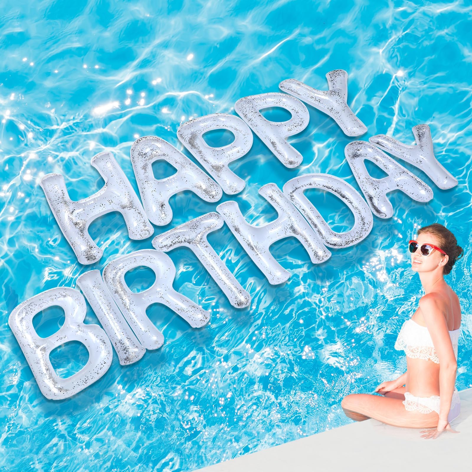 Shappy 20'' Happy Birthday Pool Large Floating Letter Balloons with Adhesive Dots Inflatable Pool Decorations for Summer Birthday Party