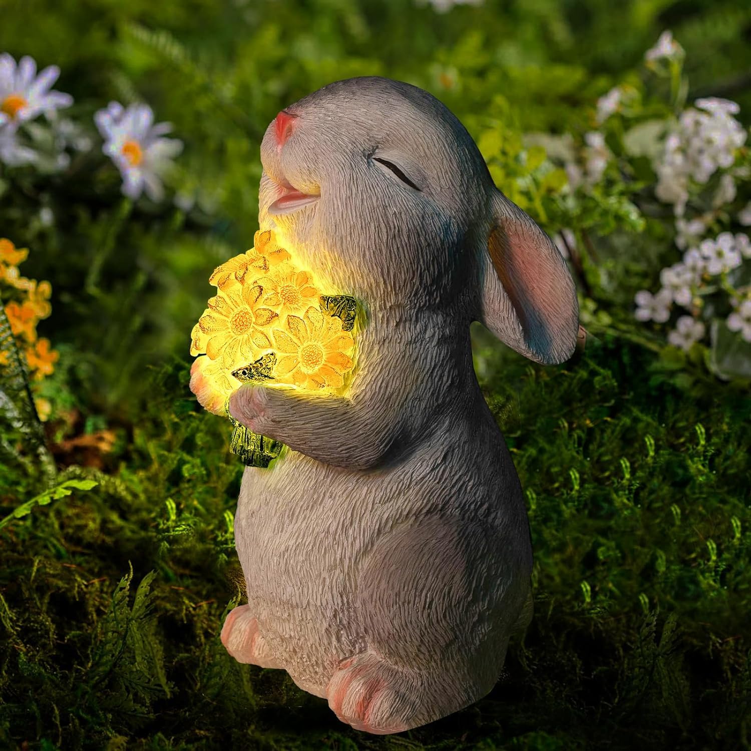 Umikk Estatuas solares de jardín de Conejo, Conejo con Flores Abrazando lámpara Solar, Figura Decorativa de Conejito, decoración de habitación, jardín, Regalos Divertidos, S