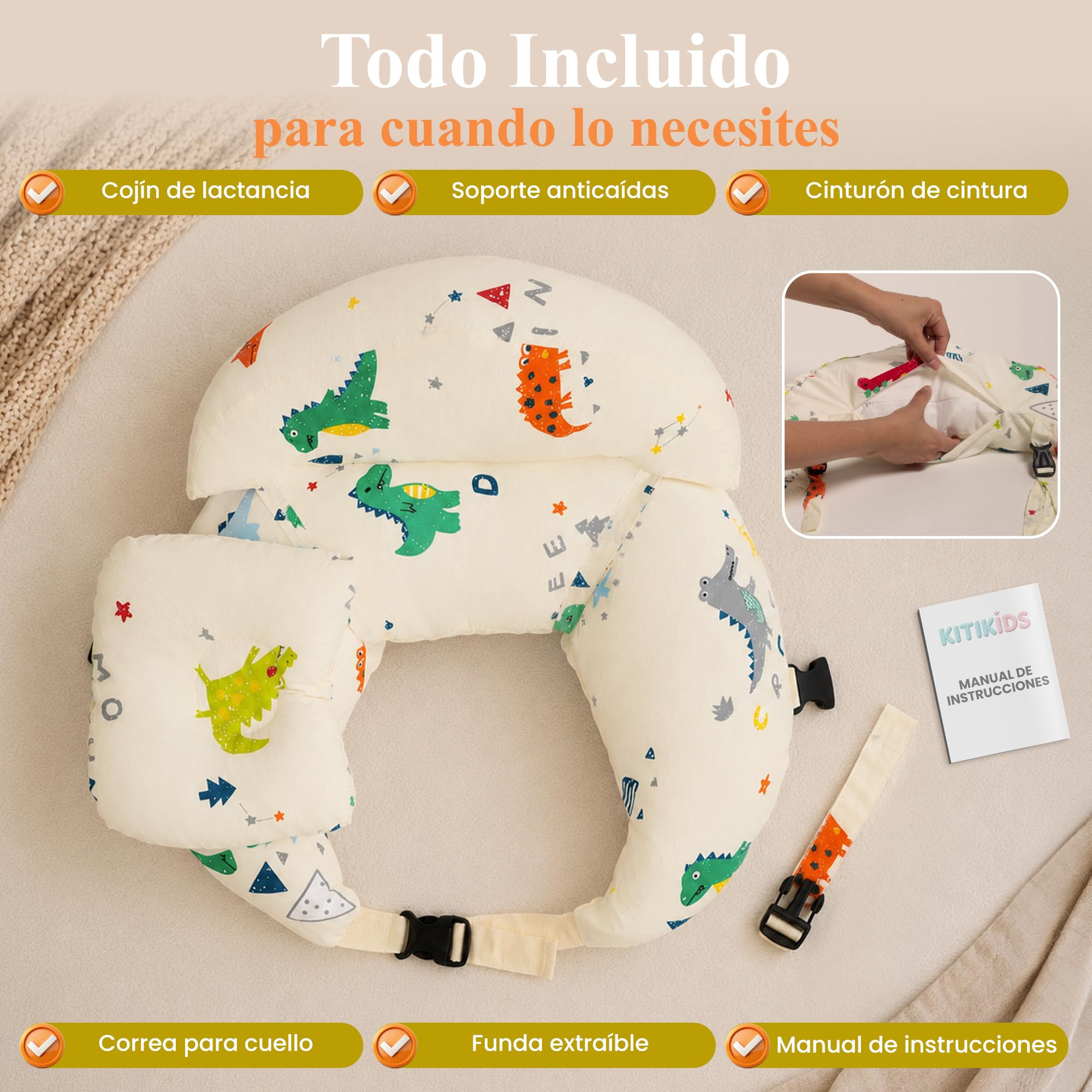 Cojín de Lactancia Ergonómico con Cinturón Ajustable para Cintura y Cuello | Soporte Anticaída para Bebé | Funda Desenfundable y Lavable | Almohada de Lactancia para Dar el Pecho y Biberón
