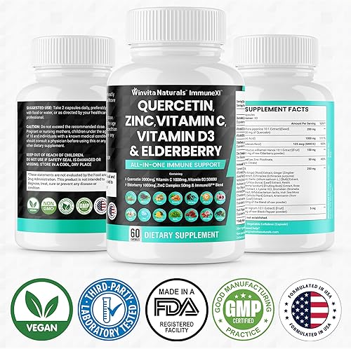 Miniatura 7 de Quercetina 2000 mg Zinc 50 mg Vitamina C 1000 mg Vitamina D3 5000IU - Suplemento de apoyo del sistema inmunológico con equinácea jengibre bromelina