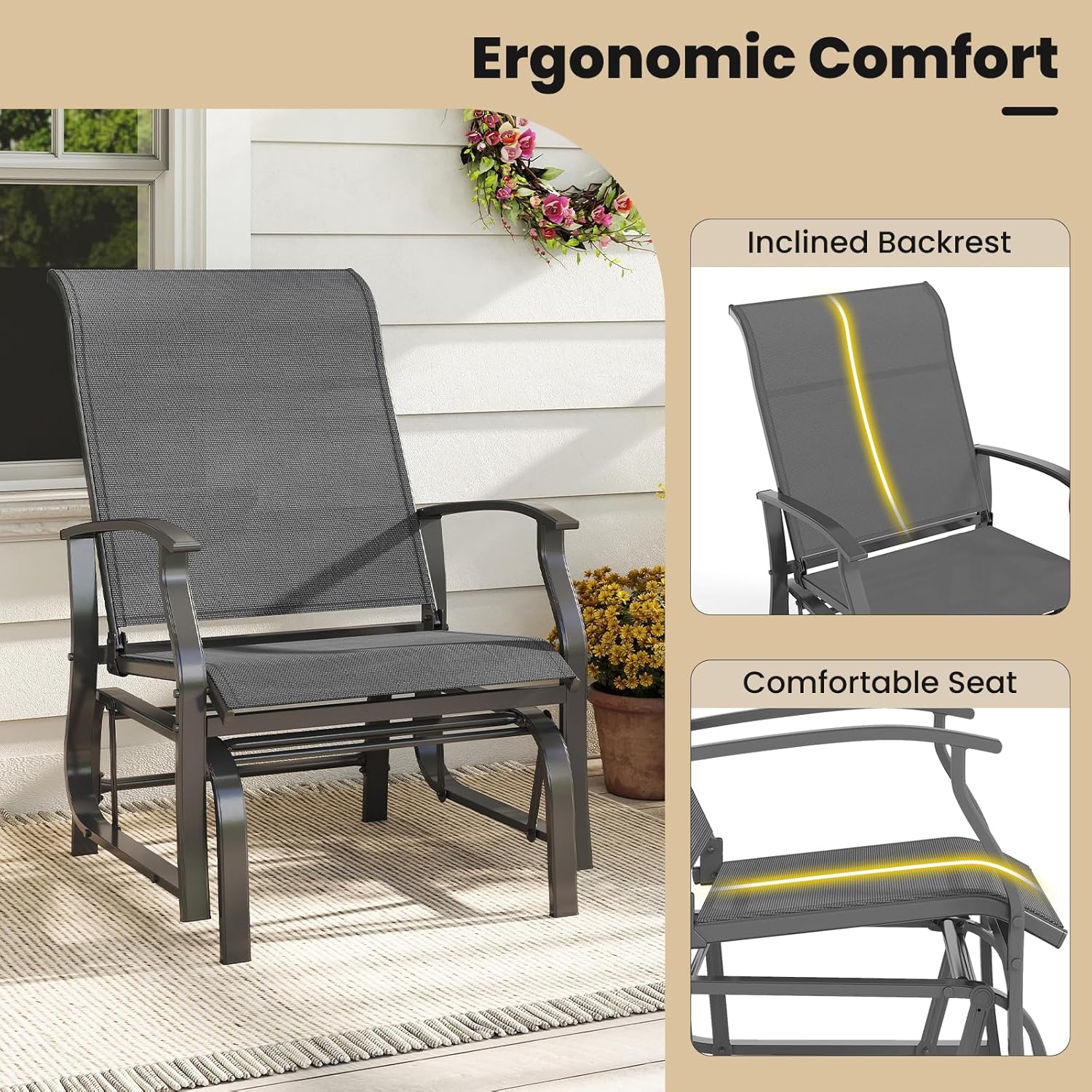Giantex 2-Pack Outdoor Glider Rocking Chairs, Rockers with Ergonomic Backrest & Seat, Extra Armrests, Metal Frame, Anti-Scratch Foot Pads, Load 350Lbs, Patio Gliders for Porch, Yard, Garden, Grey