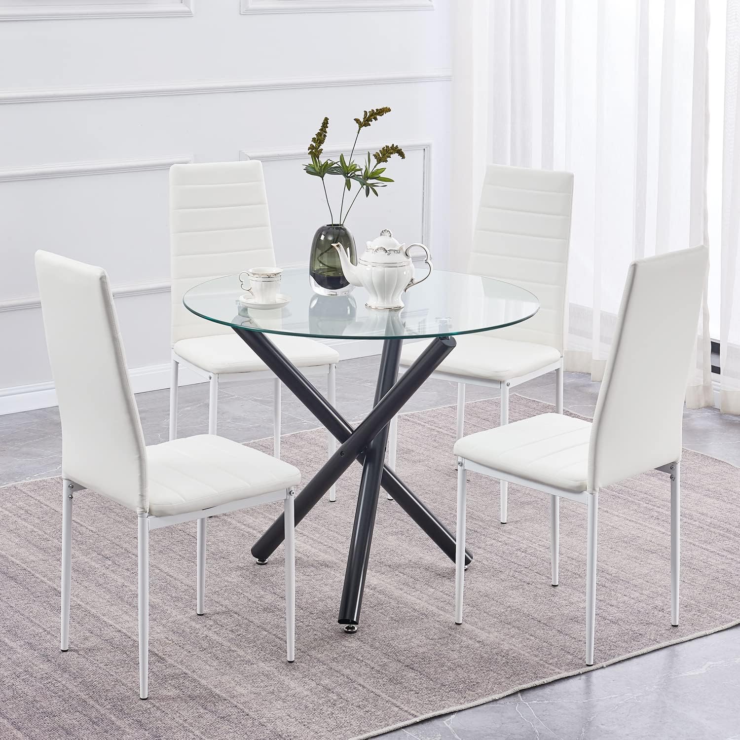 paonne Round Dining Table Set for 4, Glass Round Kitchen