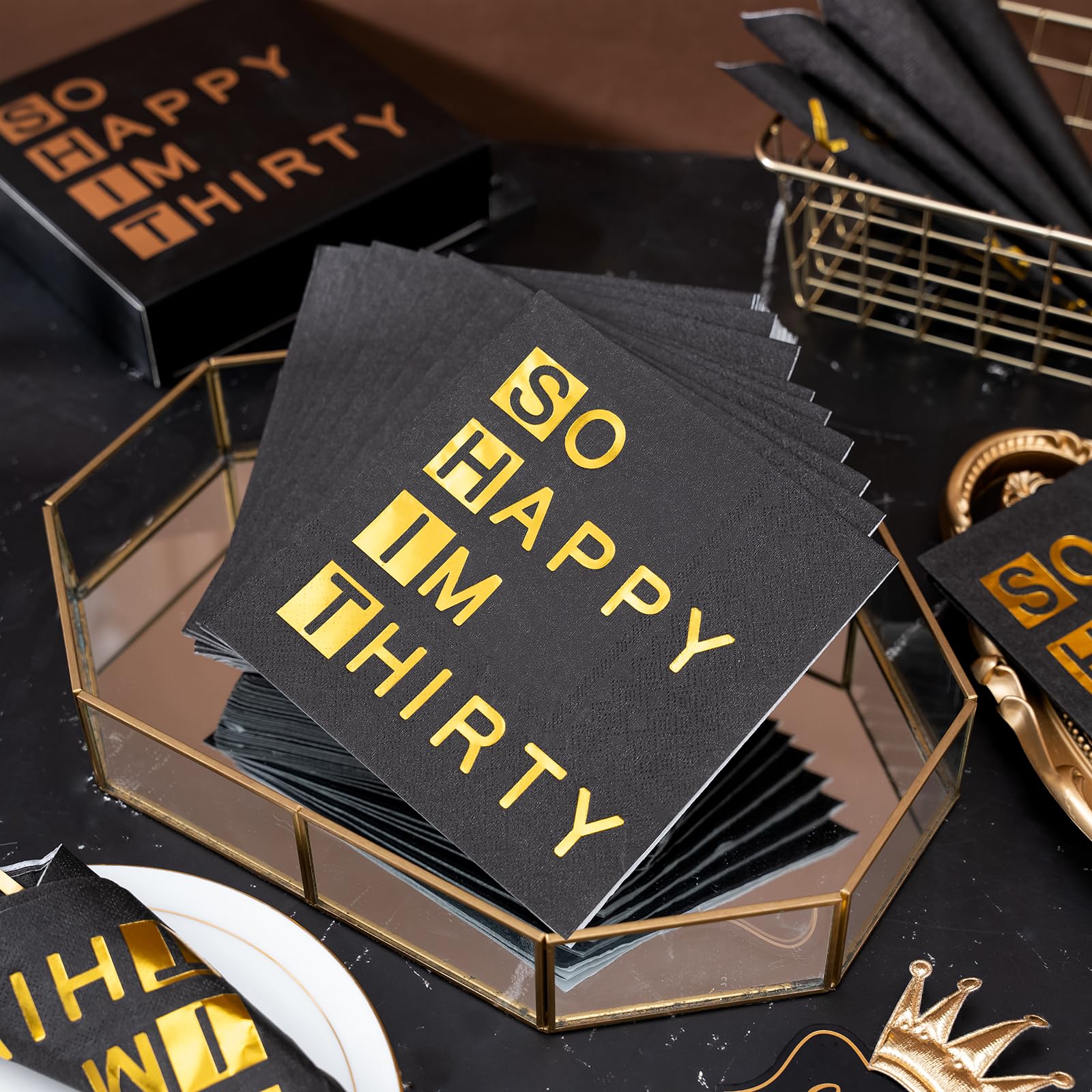WRAPAHOLIC 30. Geburtstag Servietten – 50 Stück, 3-lagig, Schwarz/gold Mit „So Happy I'm Thirty“ Aufdruck (16,5x16,5 Cm)