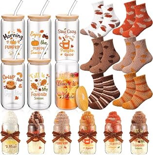 Domensi Autumn 6 Sets Gifts Bulk for Women Thanksgiving Appreciation Gift | 16oz Fall Glass Cups, Cozy Plush Socks Raffia Decor, Autumn Coworker Employee Gifts, Complete Gift Set