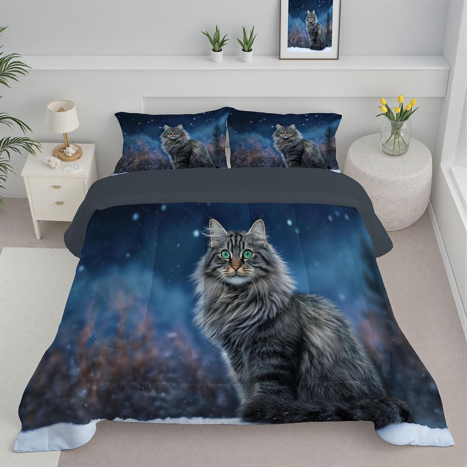 Kids 80" x 90" Coverless Duvet for All Seasons, Reversible Washable 3 Pcs Quilt with Winter Snow Scene Patterns, Blue Comforter with 2 Pillowcases 50x75cm, Full