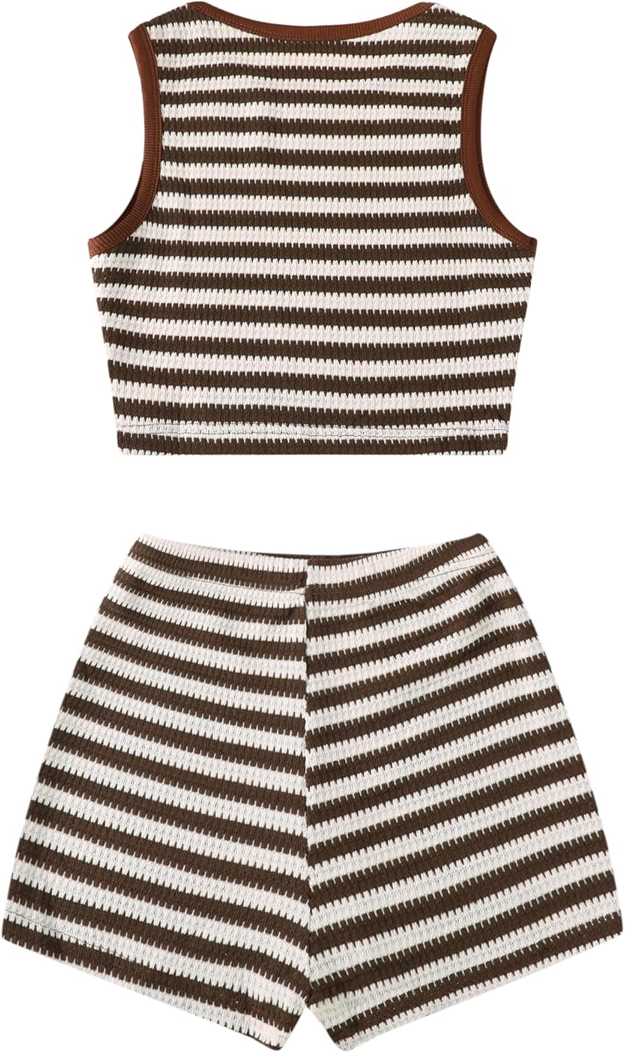 Remidoo Women's Striped 2 Piece Outfits Knit Sleeveless Crop Tank Top Mini Shorts Vacation Going Out Sets - Image 2