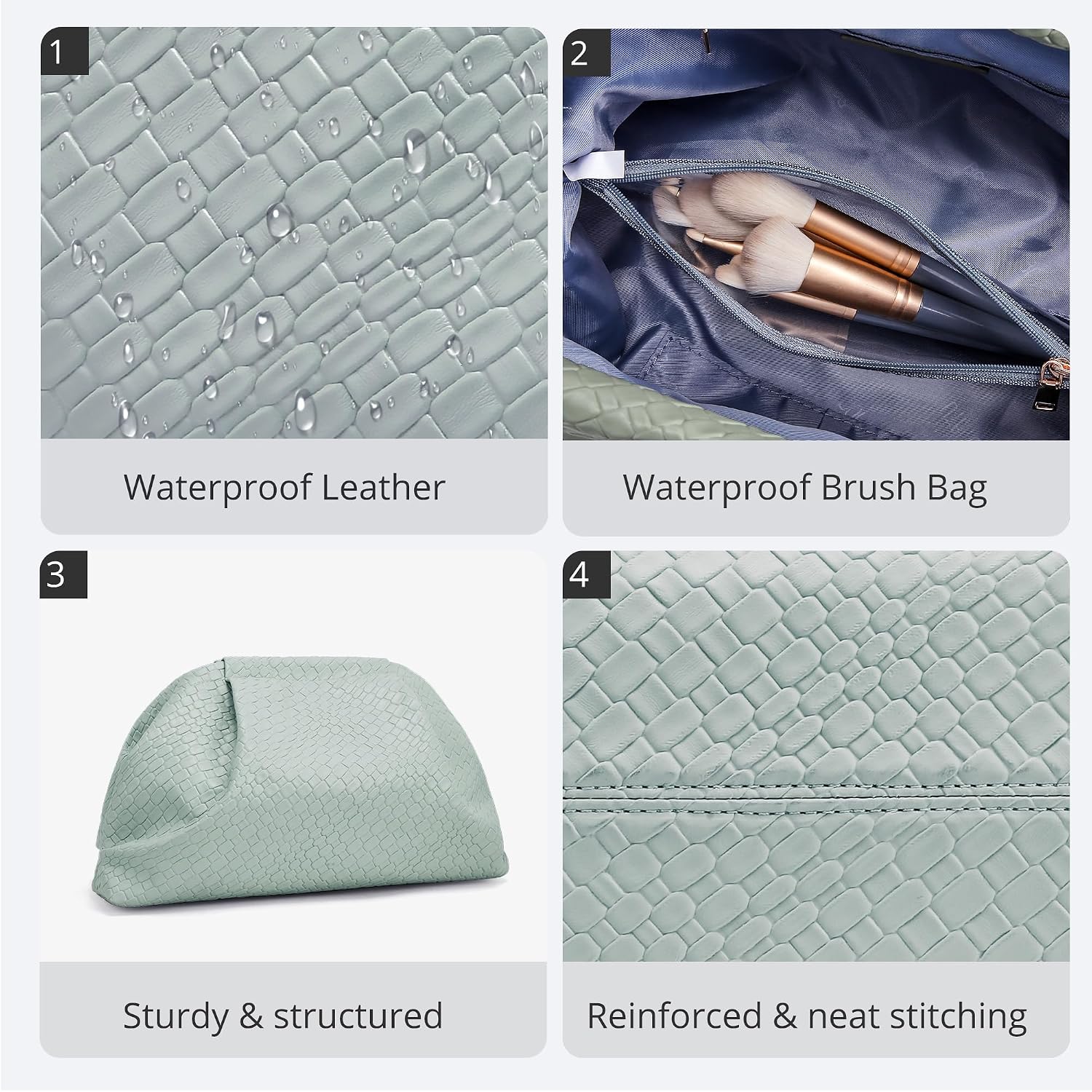 BOYATU Travel Makeup Bags for Women: Elegant Evening Woven Vegan Leather Make up Bag Clutch – 3 Pcs Set Large Capacity Compact Cosmetic Organizer for Purse,Bride Bridesmaid Gift (Light Mint Green)