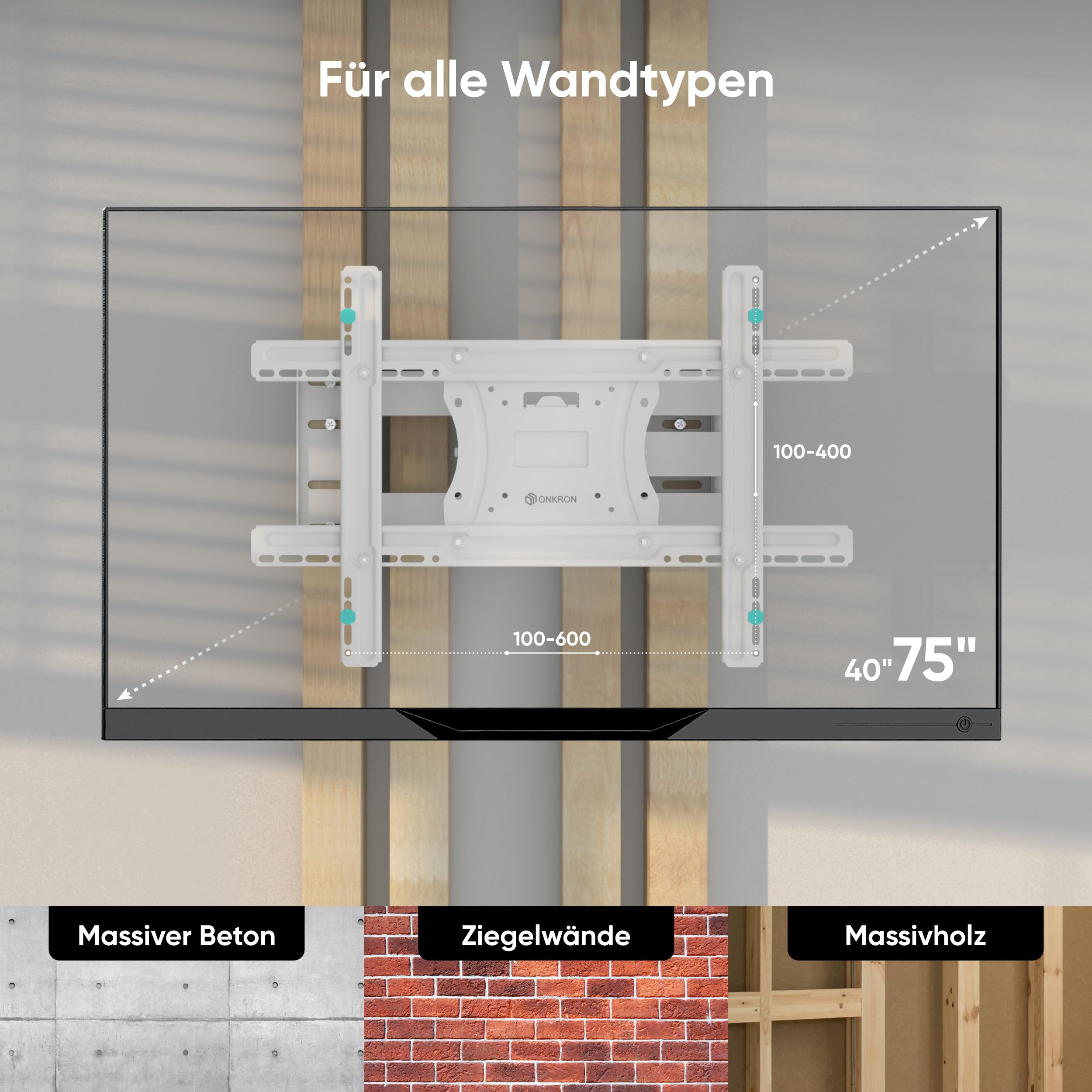 ONKRON TV Wandhalterung schwenkbar 40-75", bis 68 kg, VESA 600x400, M7L-W | Fernseher Halterung mit langem Arm, 11-71,1 cm ausziehbar, in Weiß, neigbar; für Nischen, helle Wohnräume, Büros & Hotels