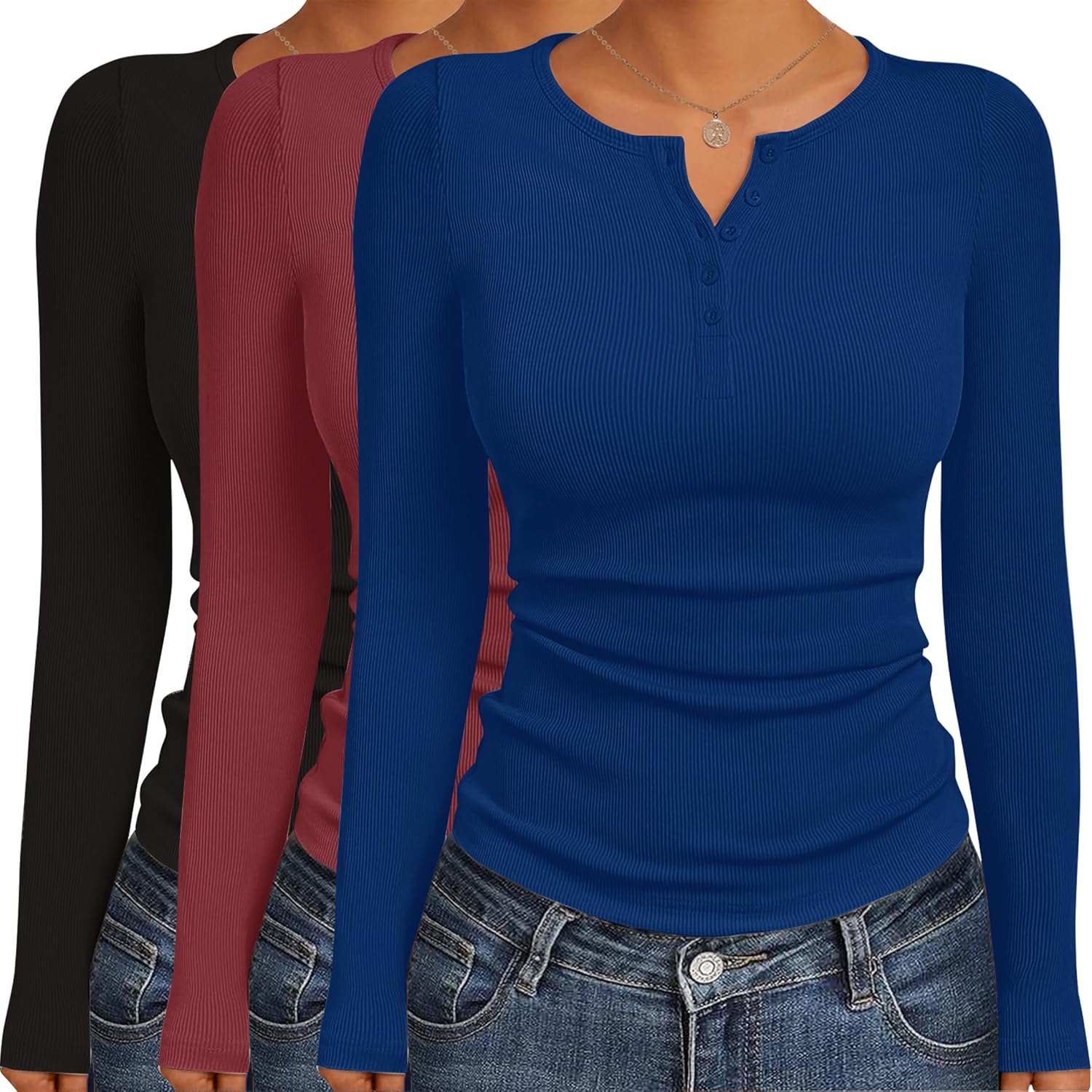 Ekouaer Women's Long Sleeve Shirts 3 Packs Henley Button Down Tops Ribbed Slim Fit Base Layer Soft Thermal Tee