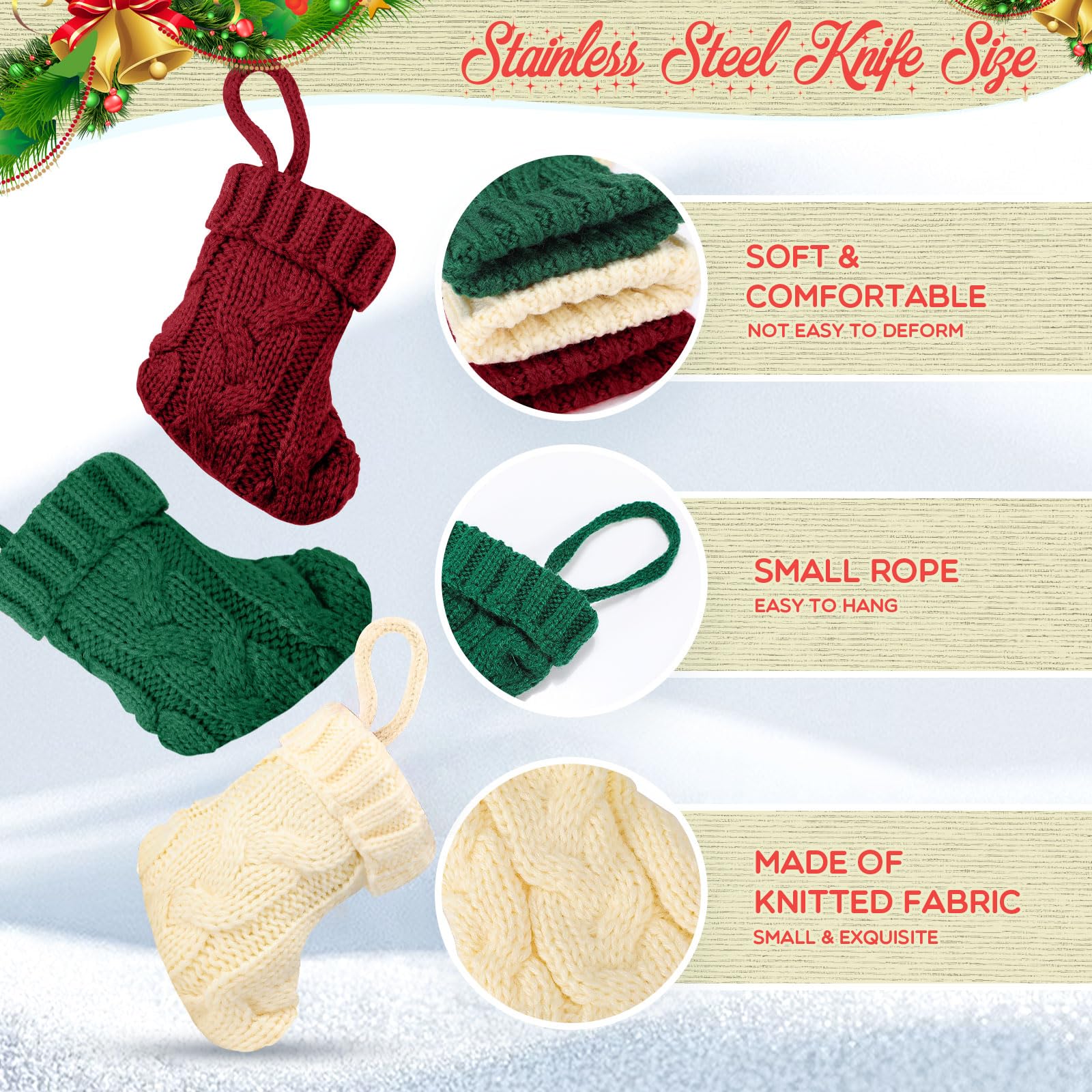 Lot de 60 mini chaussettes de Noël en tricot rustiques à suspendre pour fête, vacances, décoration d'intérieur, 10 cm, 3 couleurs