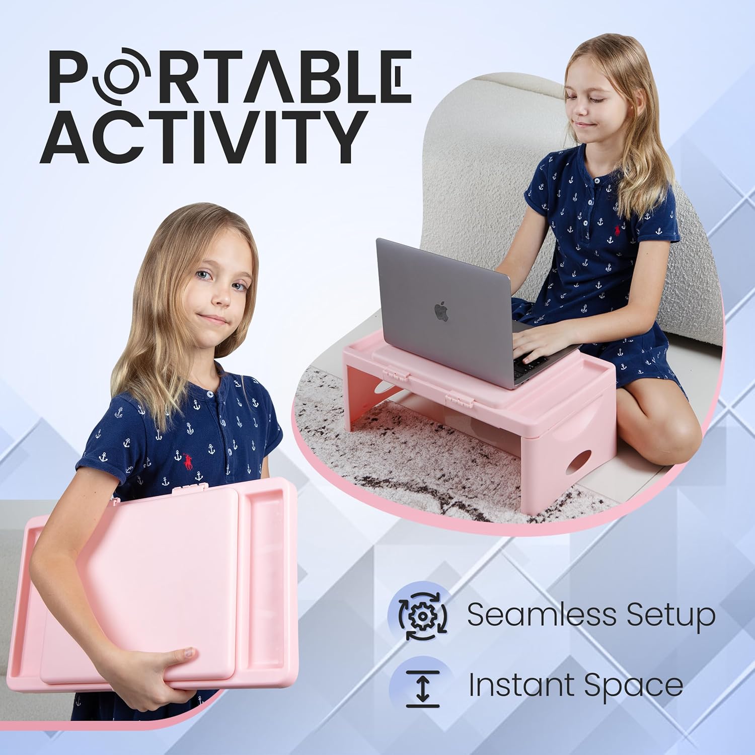 Loddie Doddie Folding Lap Desk - Blush, Plastic & Steel - Sturdy Car Seat Tray for Kids Travel - Lap Desk with Storage Pocket & Accessory Trays - Fits Most Laptops as Laptop Bed Table