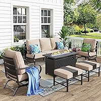 Vista 16 de MFSTUDIO Juego de muebles de patio de 6 piezas con mesa de fogata de gas de 45 pulgadas (hasta 7 asientos), sofás de conversación de patio con marco