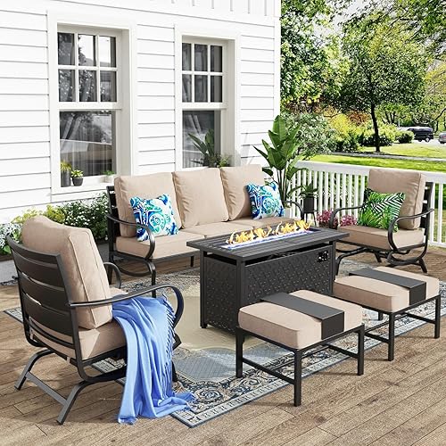 Miniatura 17 de MFSTUDIO Juegos de muebles de patio con mesa de fogata de gas de 45 pulgadas, 8 piezas de conversación de metal para exteriores con 1 sofá de 3