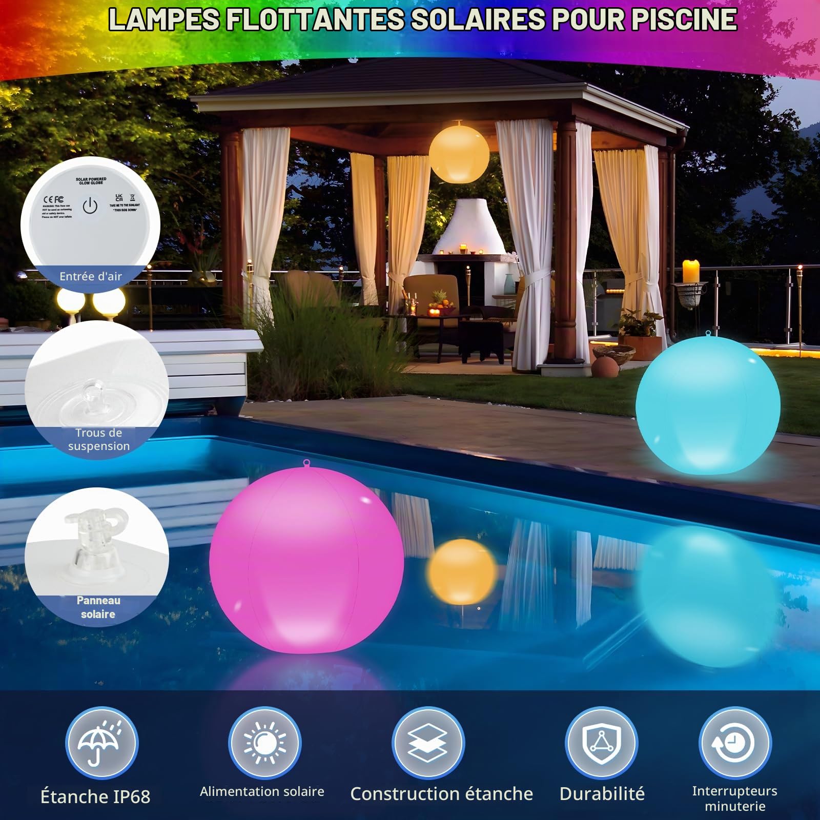 Lampe Solaire Flottante pour Piscine, 2 Pièces 13.4In LED Lampe Flottante Piscine Solaire, IP68 Solair Boule Lumineuse Piscine 16 RGB Solaire Lampe Flottante Sphère Lumière Pour Jardin Pelouse