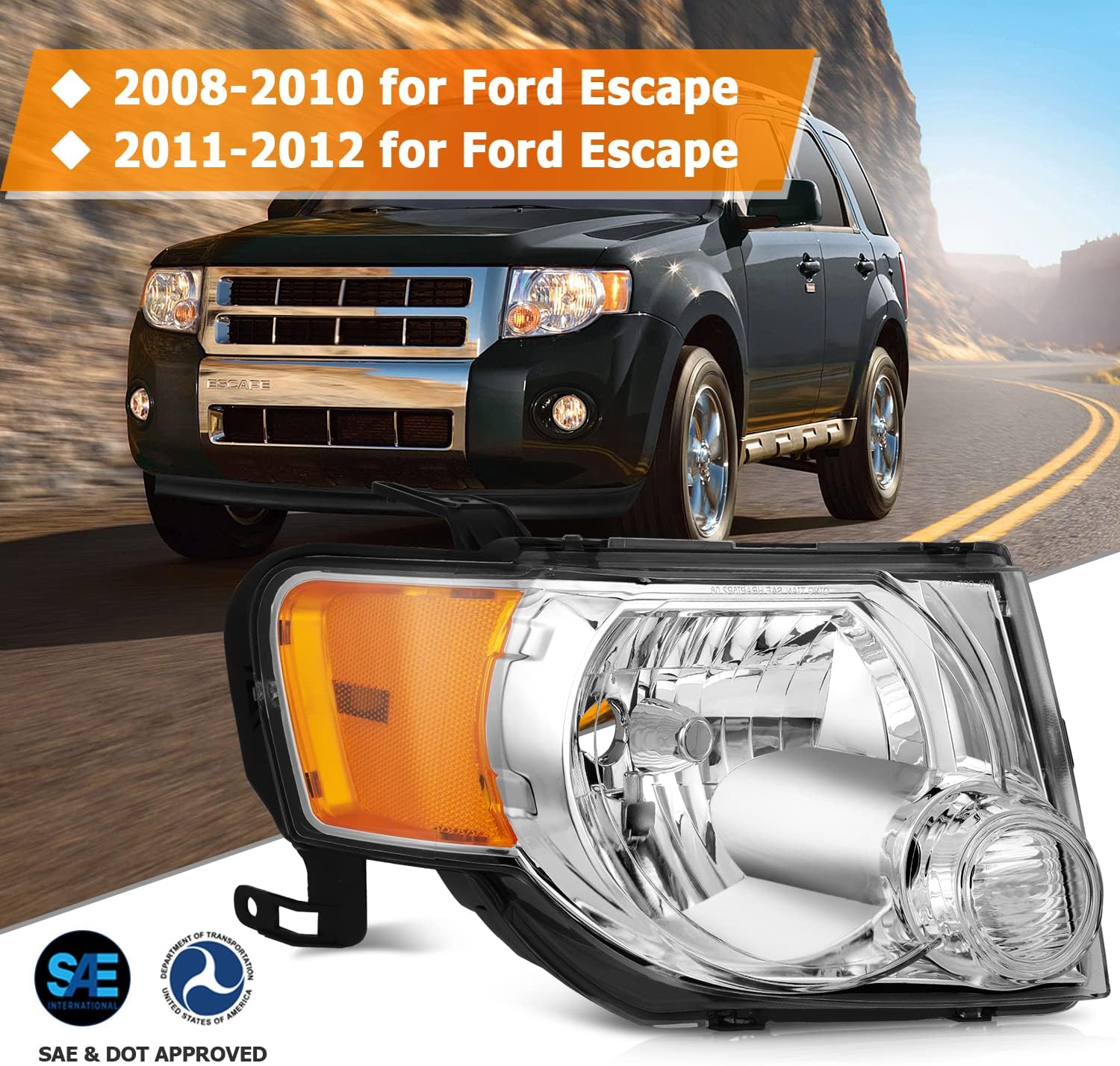 Headlight Assembly for ford Escape 2008-2012 Chrome Housing Amber Reflector Clear Lens Driver and Passenger Side Headlamp