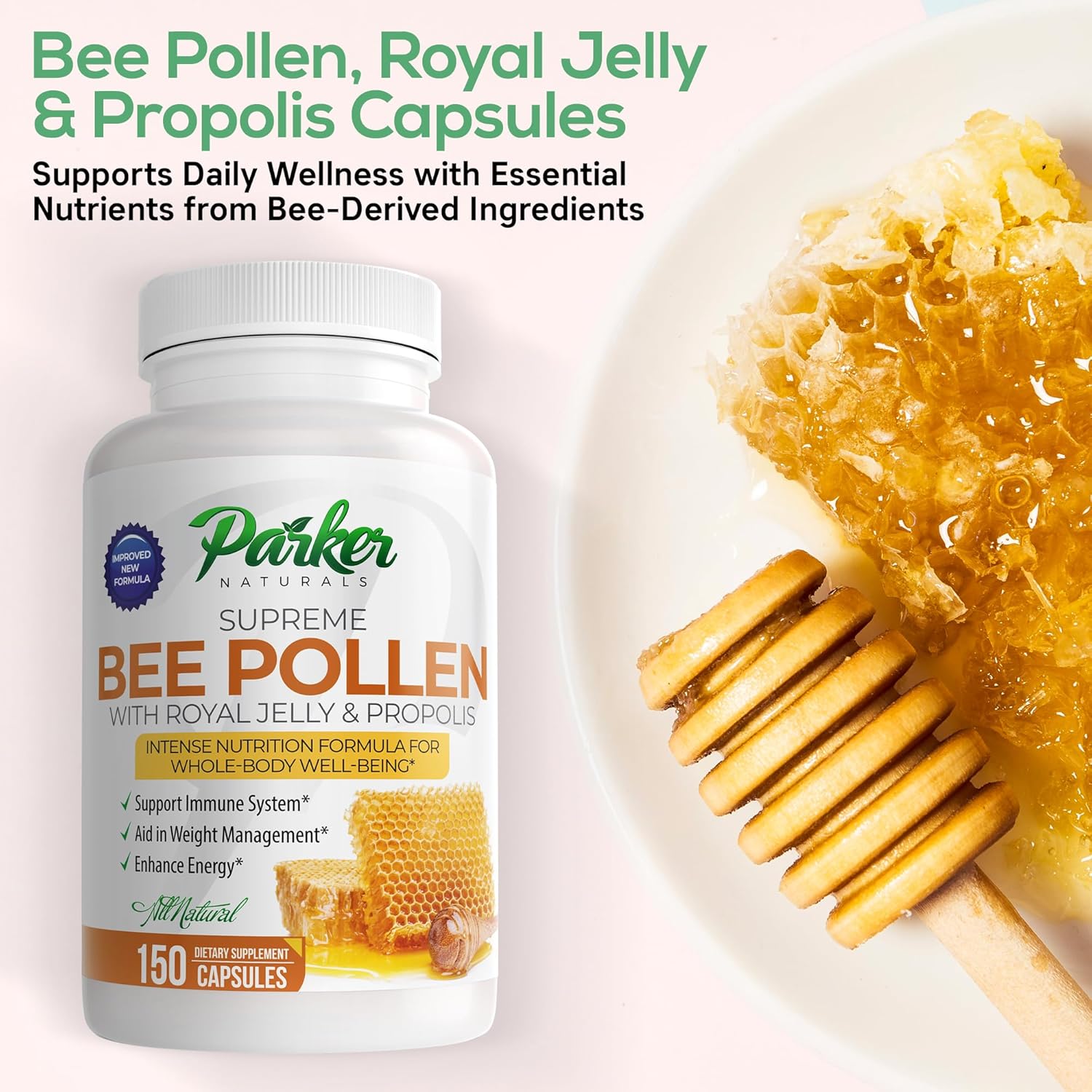 Parker Naturals Supreme Bee Pollen Capsules, 3520 mg Royal Jelly, Bee Pollen, and Bee Propolis Capsules, Natural Bee Pollen Supplement for Adults, 150 Capsules - Image 3