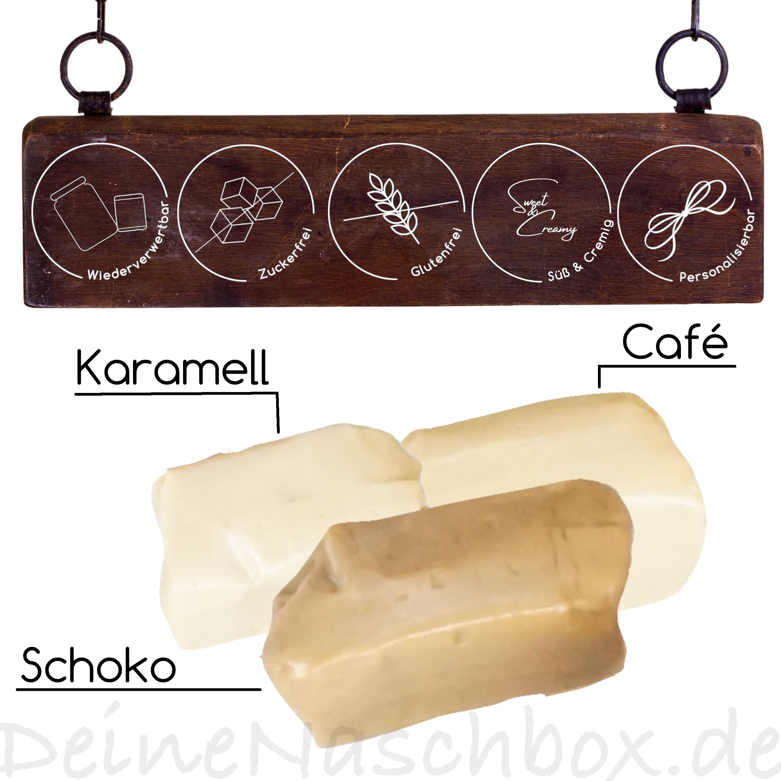 Deine Naschbox | Zuckerfreie Caribbean Creme Toffee Bonbon | 1,5kg Mega Pot | XXL Großpackung | 3 Sorten Mix | Karamell Schokolade & Kaffeesahne